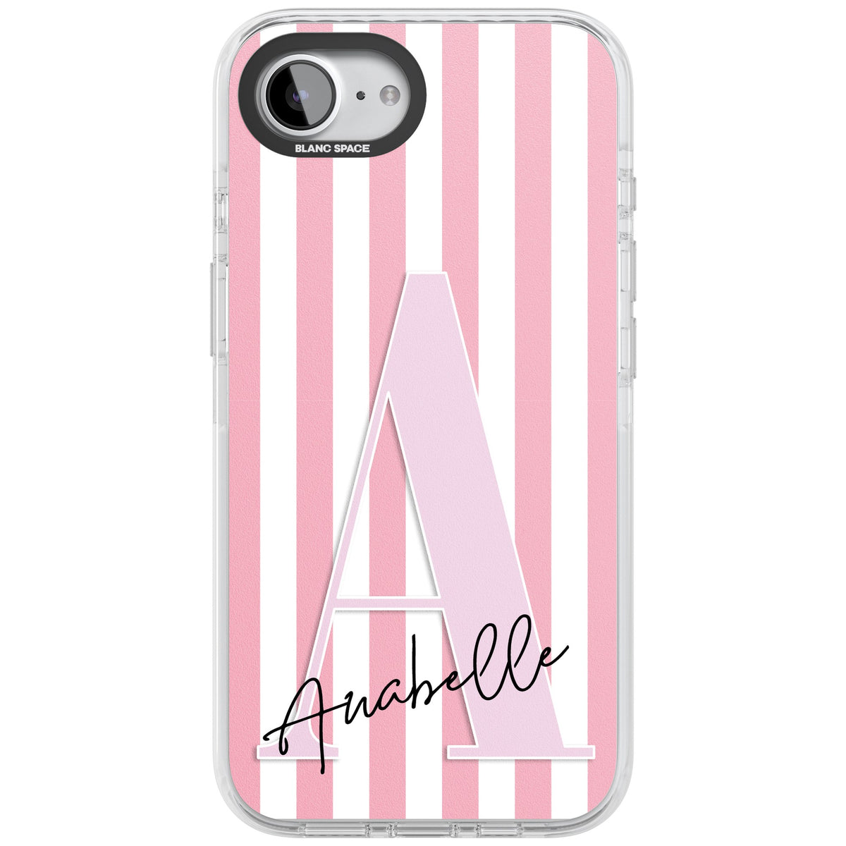Personalised Soft Pink Stripes iPhone 16e / iPhone 17e Impact Clear Phone Case front