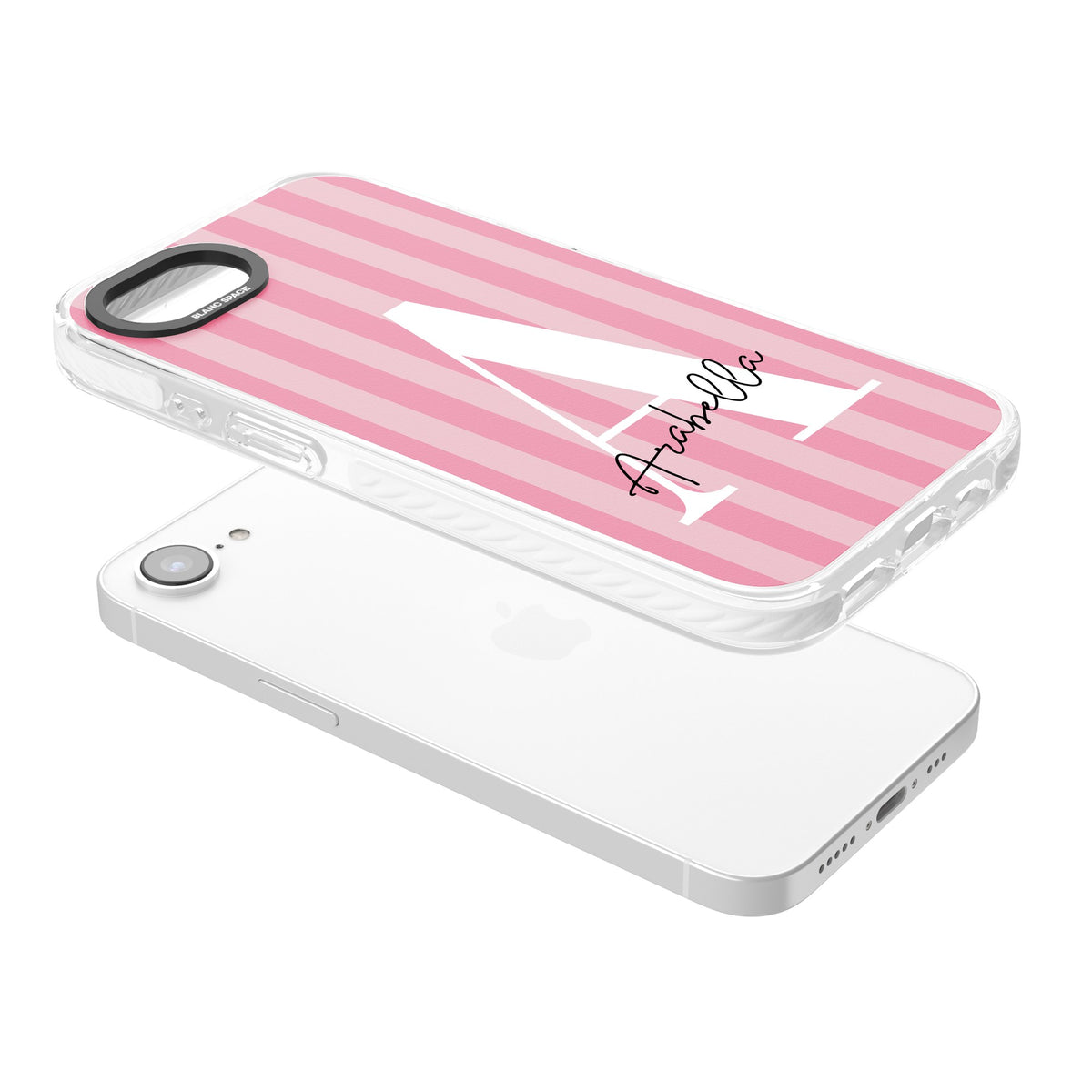 Personalised Pink Stripes iPhone 16e / iPhone 17e Impact Clear Phone Case angled