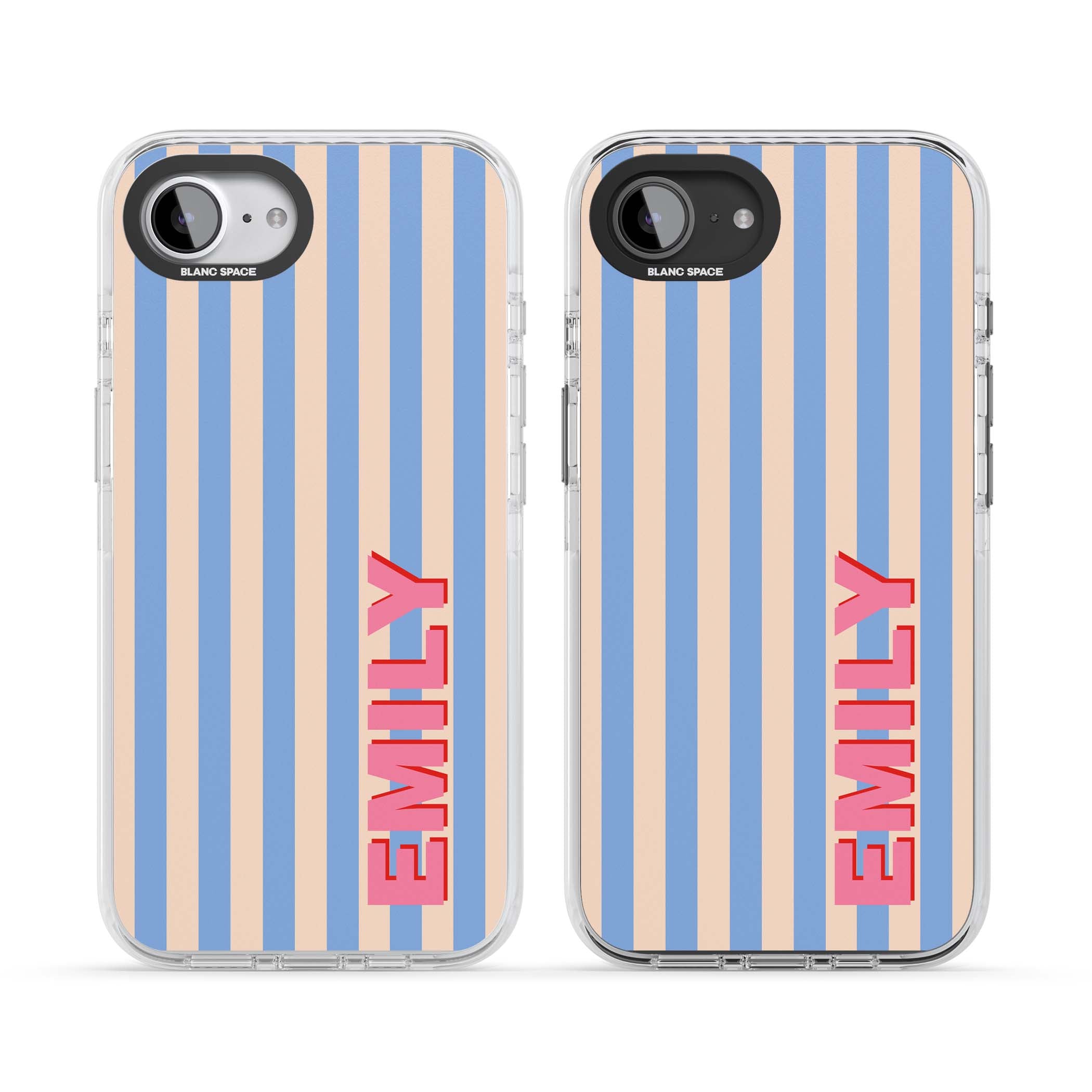 Coastal Stripe personalised coastal iPhone case with blue and peach vertical stripes and custom pink name | Clear Impact case for iPhone 16e, iPhone 17e