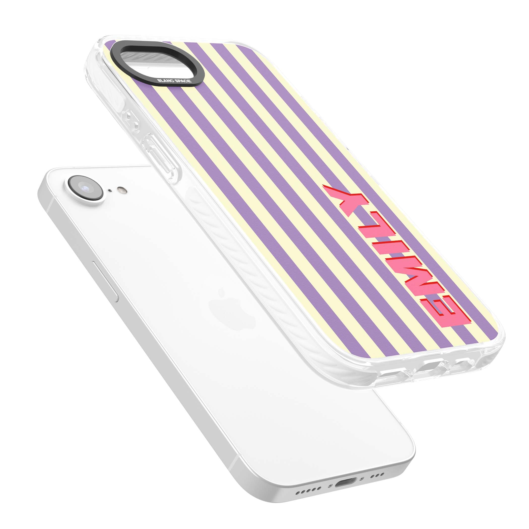 Valensole Stripe personalised iPhone case with purple and cream vertical stripes and pink custom name | Clear Impact case for iPhone 16e, iPhone 17e