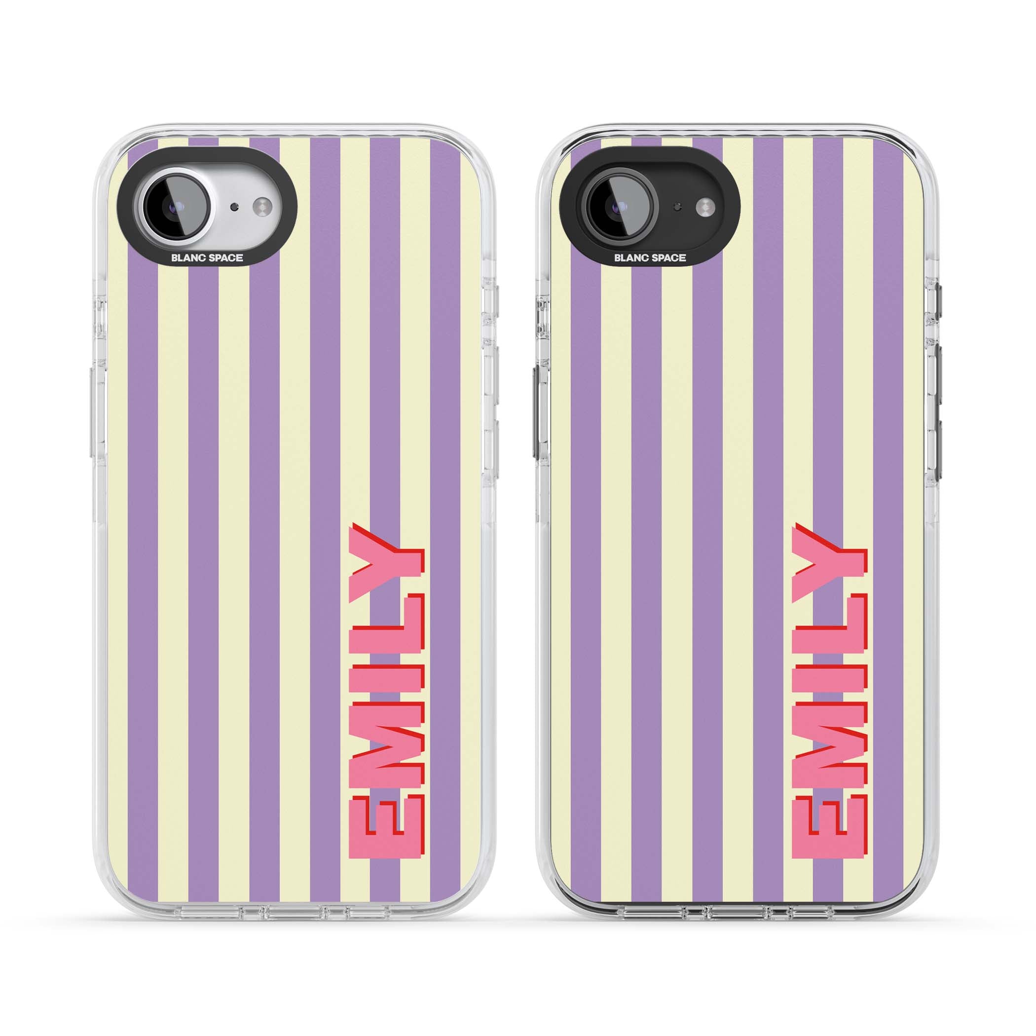 Valensole Stripe personalised iPhone case with purple and cream vertical stripes and pink custom name | Clear Impact case for iPhone 16e, iPhone 17e