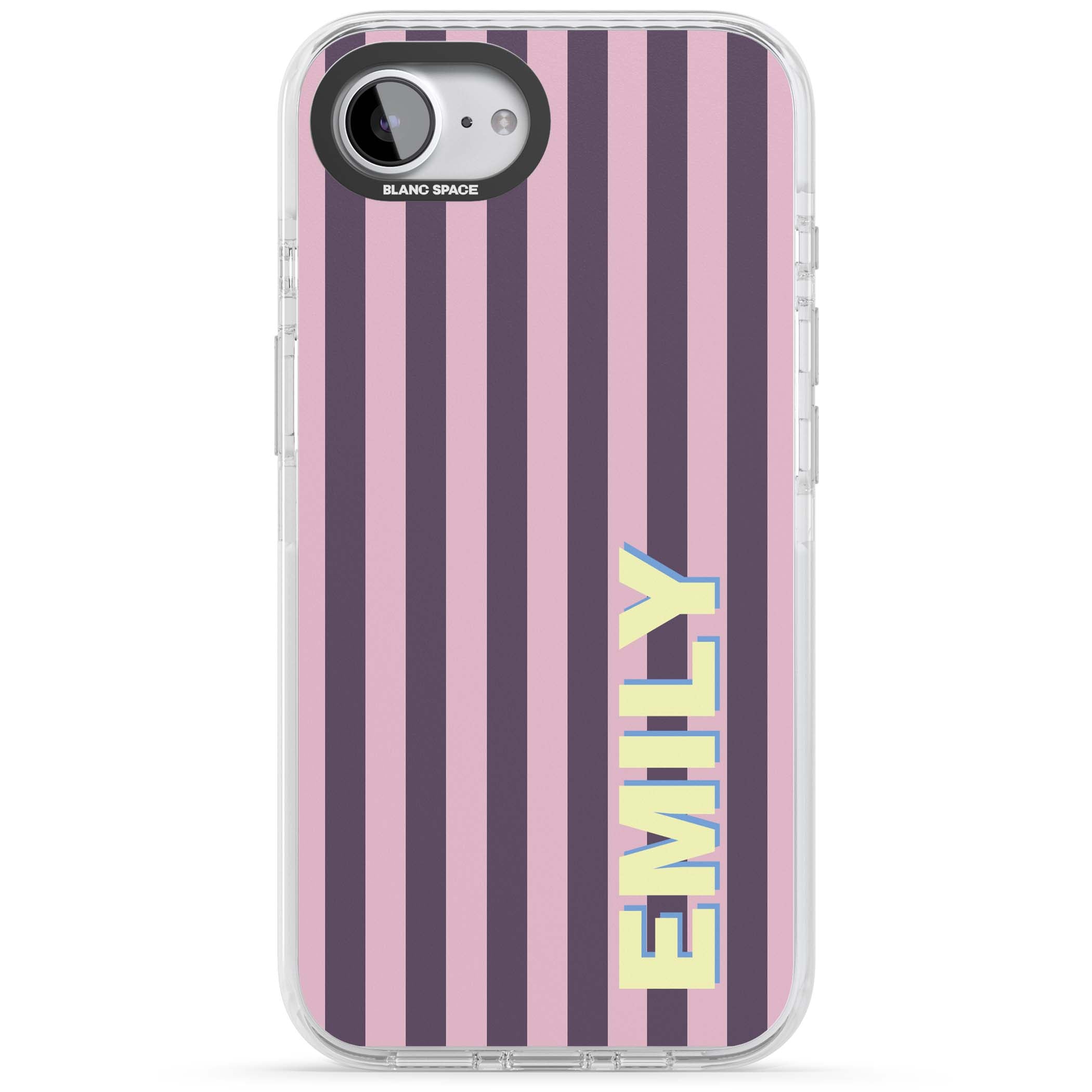 Tyre Stripe personalised stripe iPhone case with plum and pink vertical stripes and custom yellow name | Clear Impact case for iPhone 16e, iPhone 17e