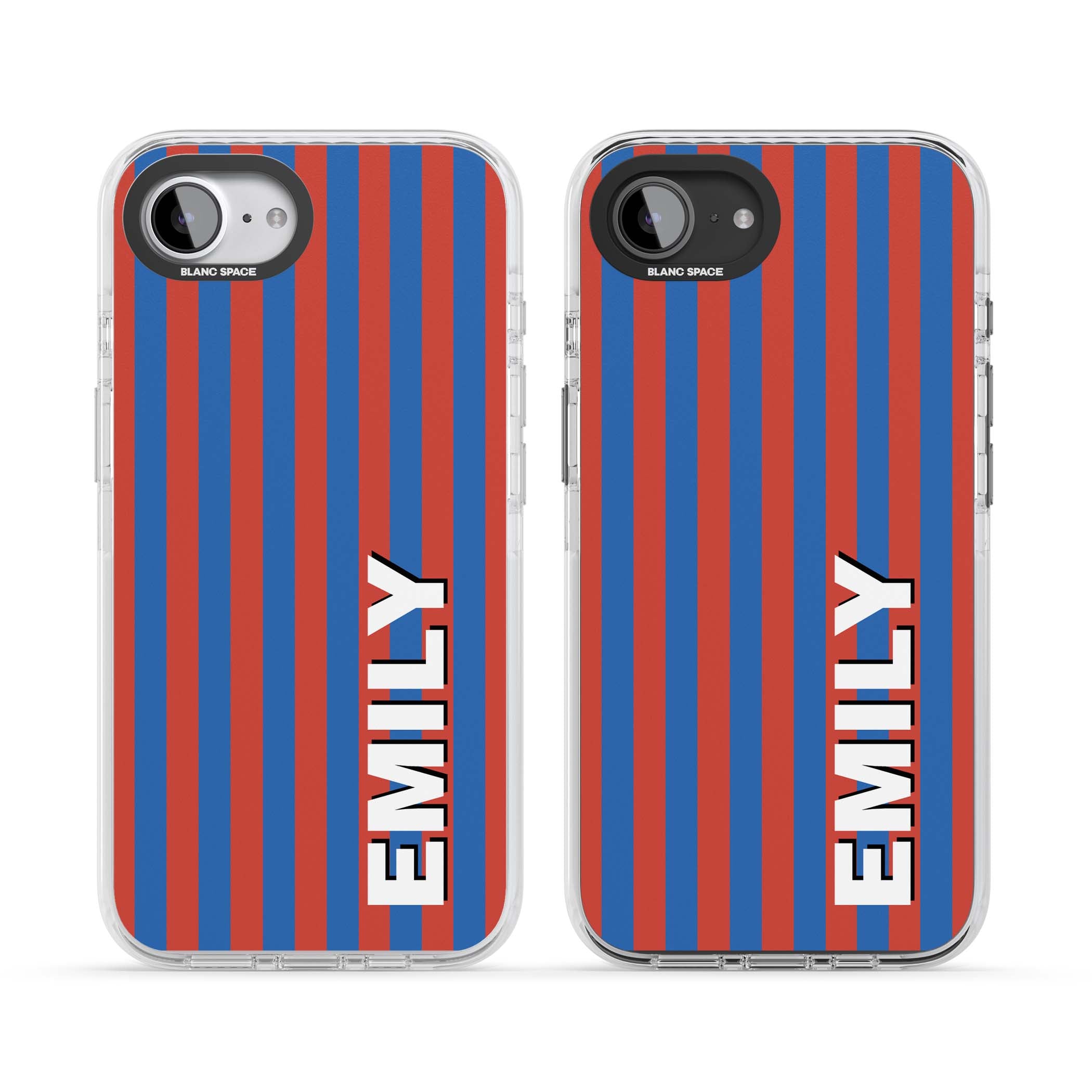 Cuban Stripe personalised iPhone case featuring red and blue vertical stripes with custom name in bold white letters | Clear Impact case for iPhone 16e, iPhone 17e