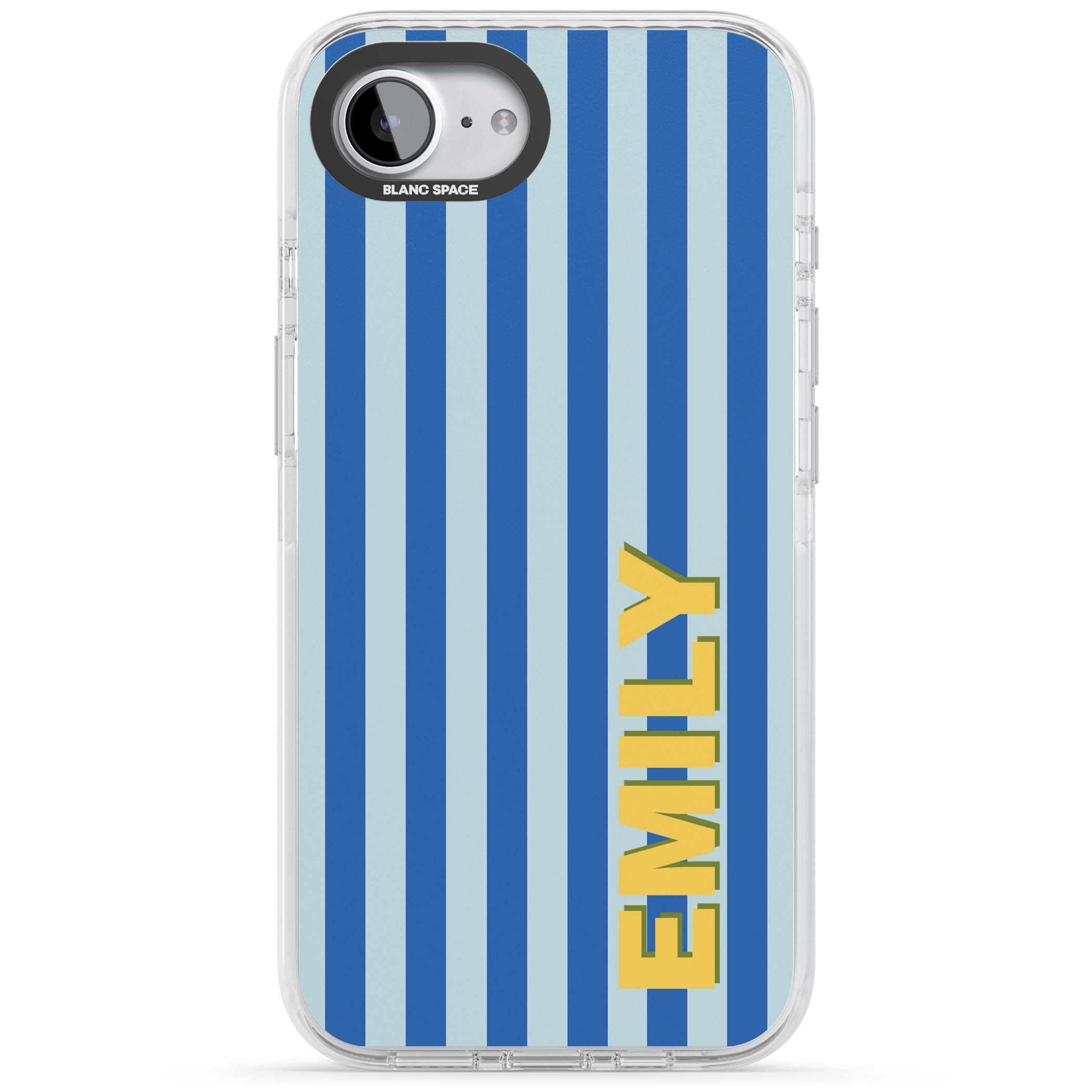 Athenian Stripe personalised preppy iPhone case featuring blue vertical stripes and a custom yellow name | Clear Impact case for iPhone 16e, iPhone 17e
