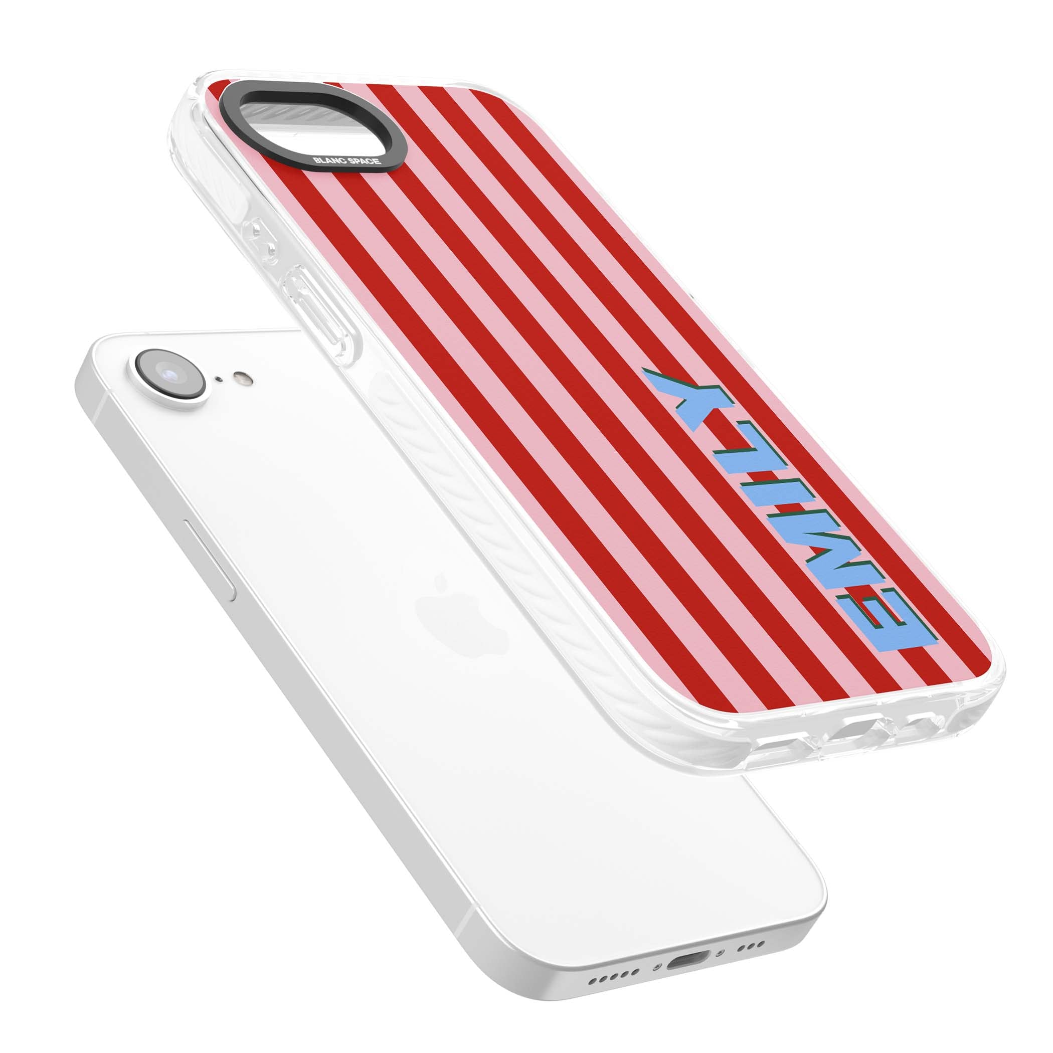Market Stripe personalised iPhone case with red and pink vertical stripes and custom blue name | Clear Impact case for iPhone 16e, iPhone 17e