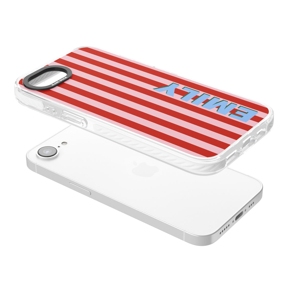 Personalised Market Stripe iPhone 16e / iPhone 17e Impact Clear Phone Case angled