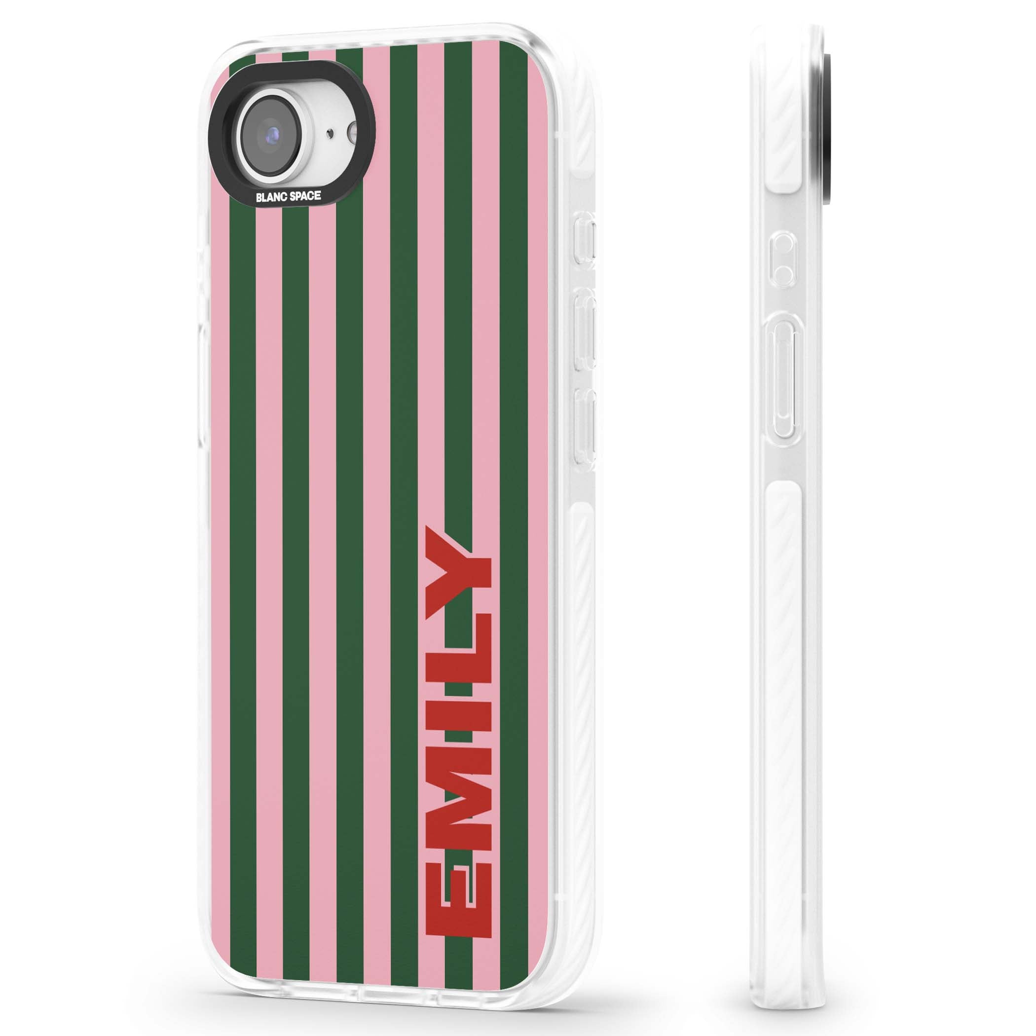 Italian Stripe preppy iPhone case featuring pink and green vertical stripes with personalised red name | Clear Impact case for iPhone 16e, iPhone 17e