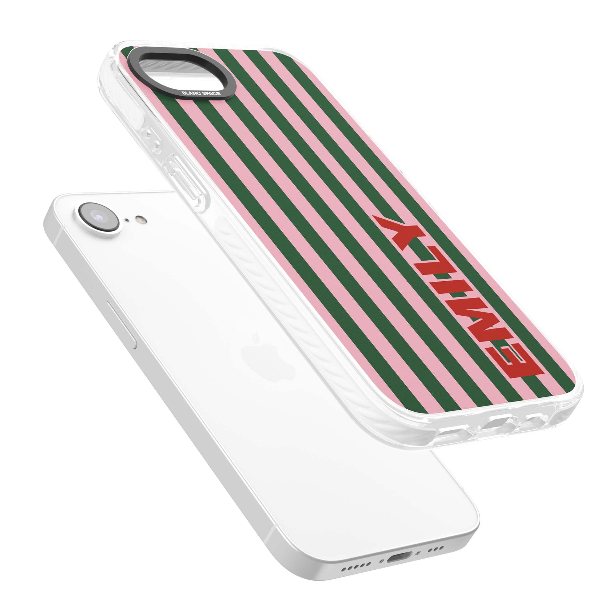 Italian Stripe preppy iPhone case featuring pink and green vertical stripes with personalised red name | Clear Impact case for iPhone 16e, iPhone 17e