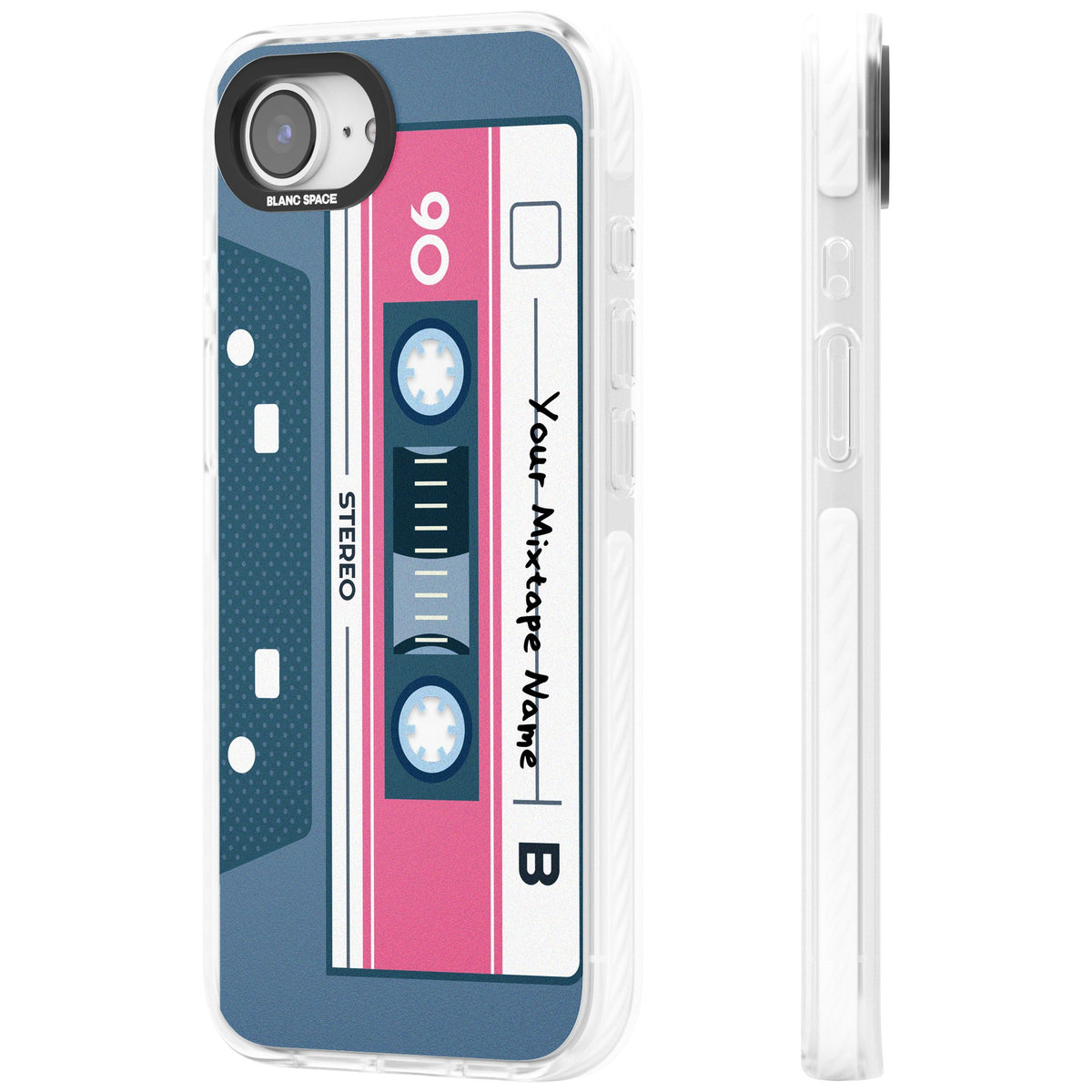 Personalised Retro Cassette Mixtape iPhone 16e / iPhone 17e Impact Clear Phone Case side