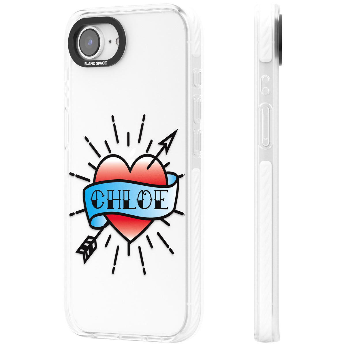 Personalised Heart Tattoo iPhone 16e / iPhone 17e Impact Clear Phone Case side