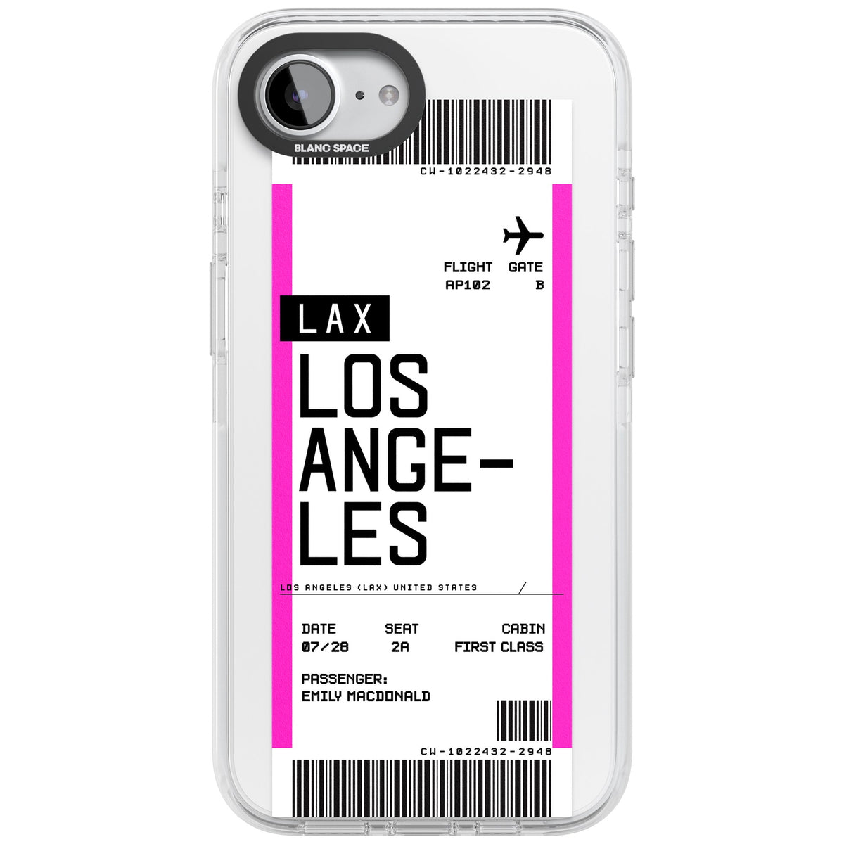 Personalised Los Angeles Boarding Pass iPhone 16e / iPhone 17e Impact Clear Phone Case front