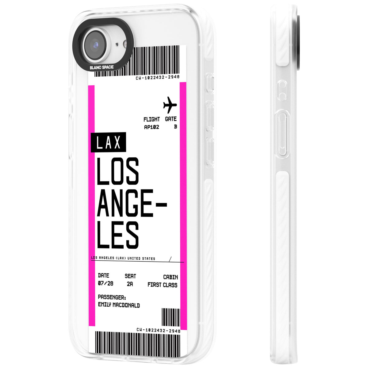 Personalised Los Angeles Boarding Pass iPhone 16e / iPhone 17e Impact Clear Phone Case side