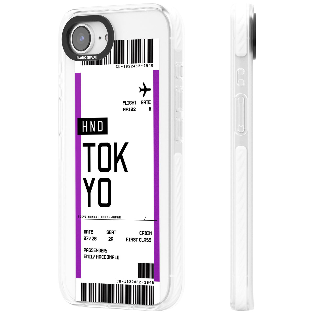 Personalised Tokyo Boarding Pass iPhone 16e / iPhone 17e Impact Clear Phone Case side