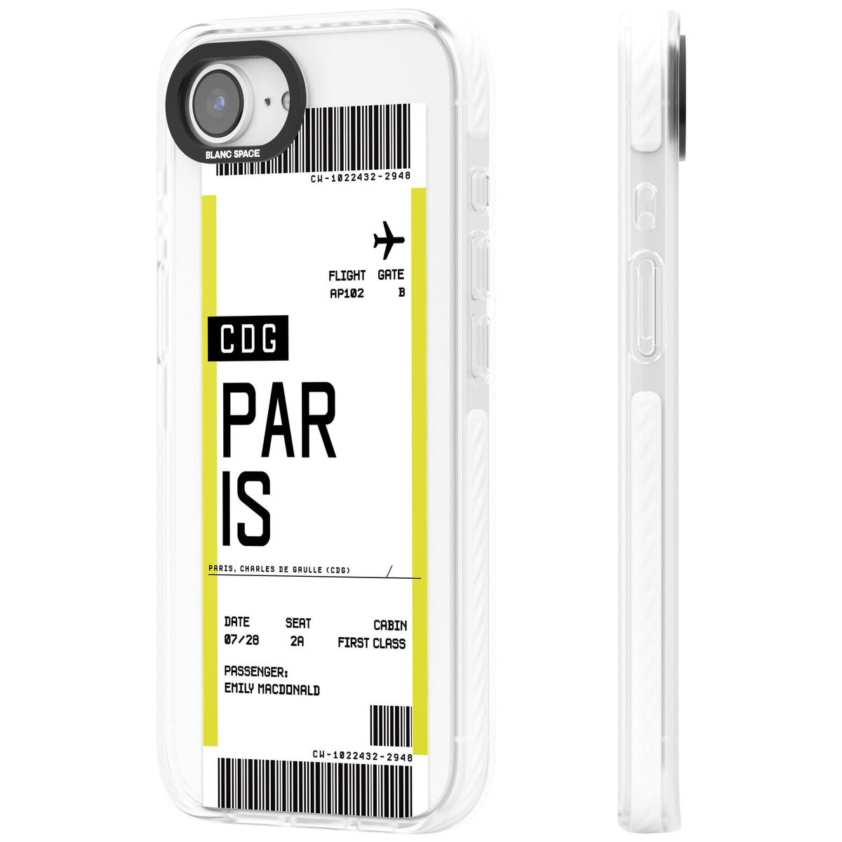 Personalised Paris Boarding Pass iPhone 16e / iPhone 17e Impact Clear Phone Case side