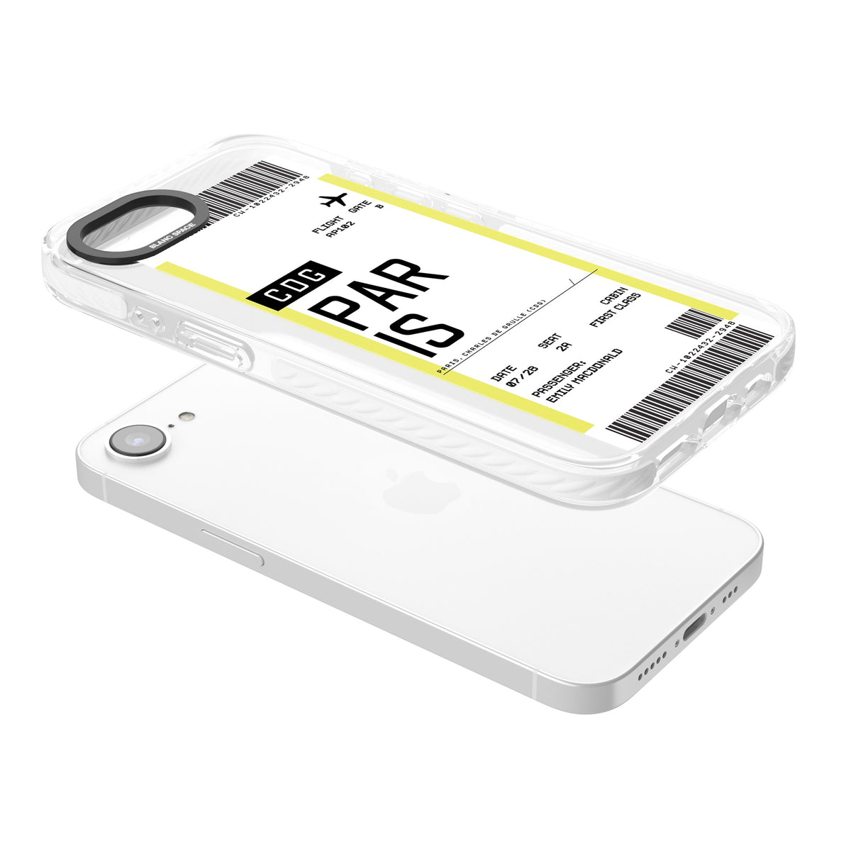 Personalised Paris Boarding Pass iPhone 16e / iPhone 17e Impact Clear Phone Case angled