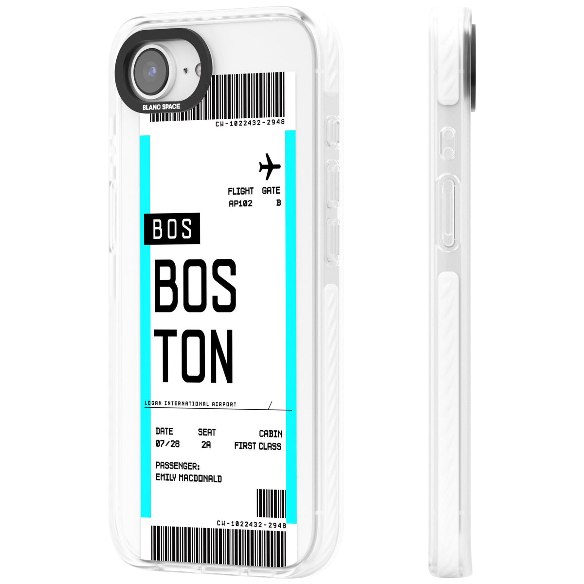 Personalised Boston Boarding Pass iPhone 16e / iPhone 17e Impact Clear Phone Case side