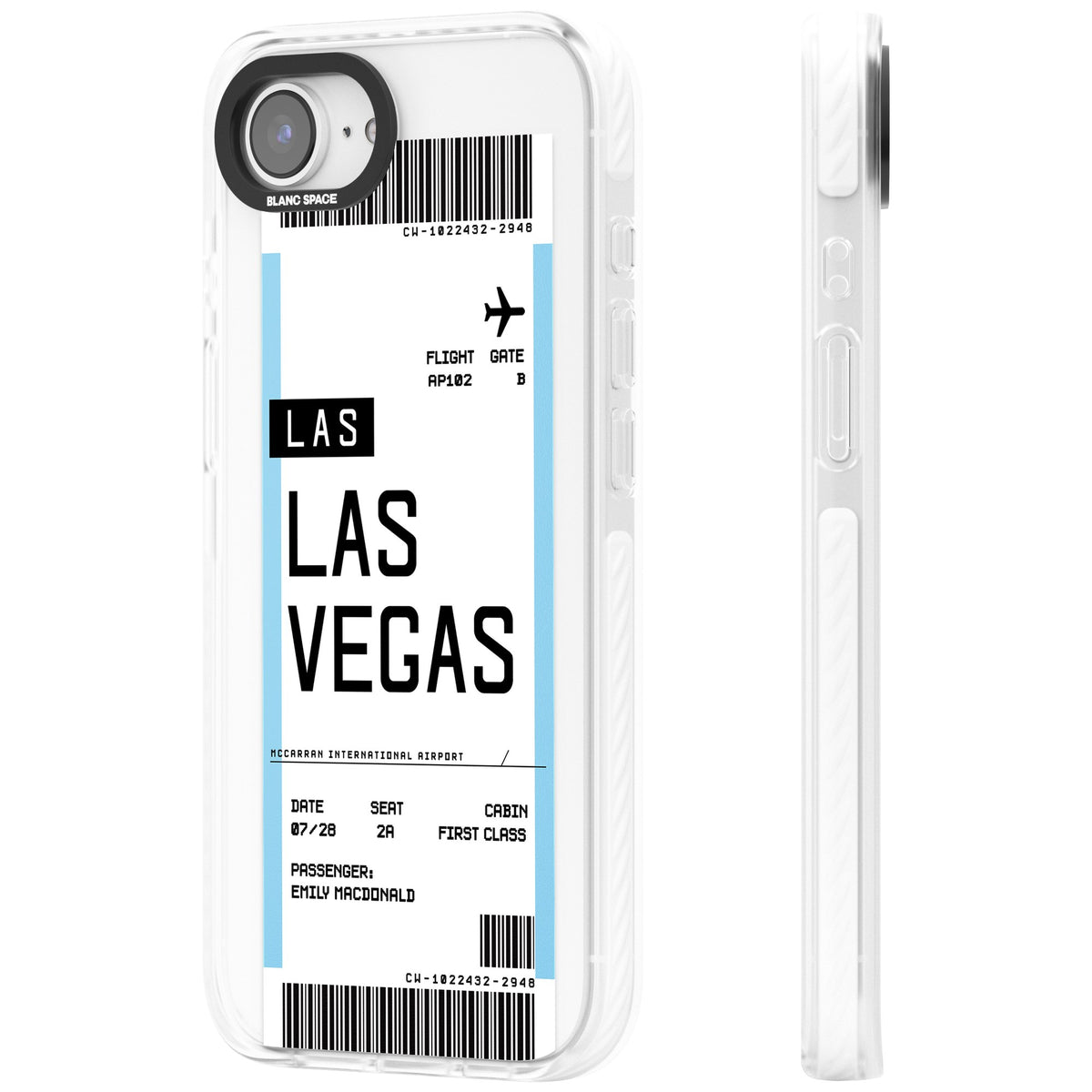 Personalised Las Vegas Boarding Pass iPhone 16e / iPhone 17e Impact Clear Phone Case side