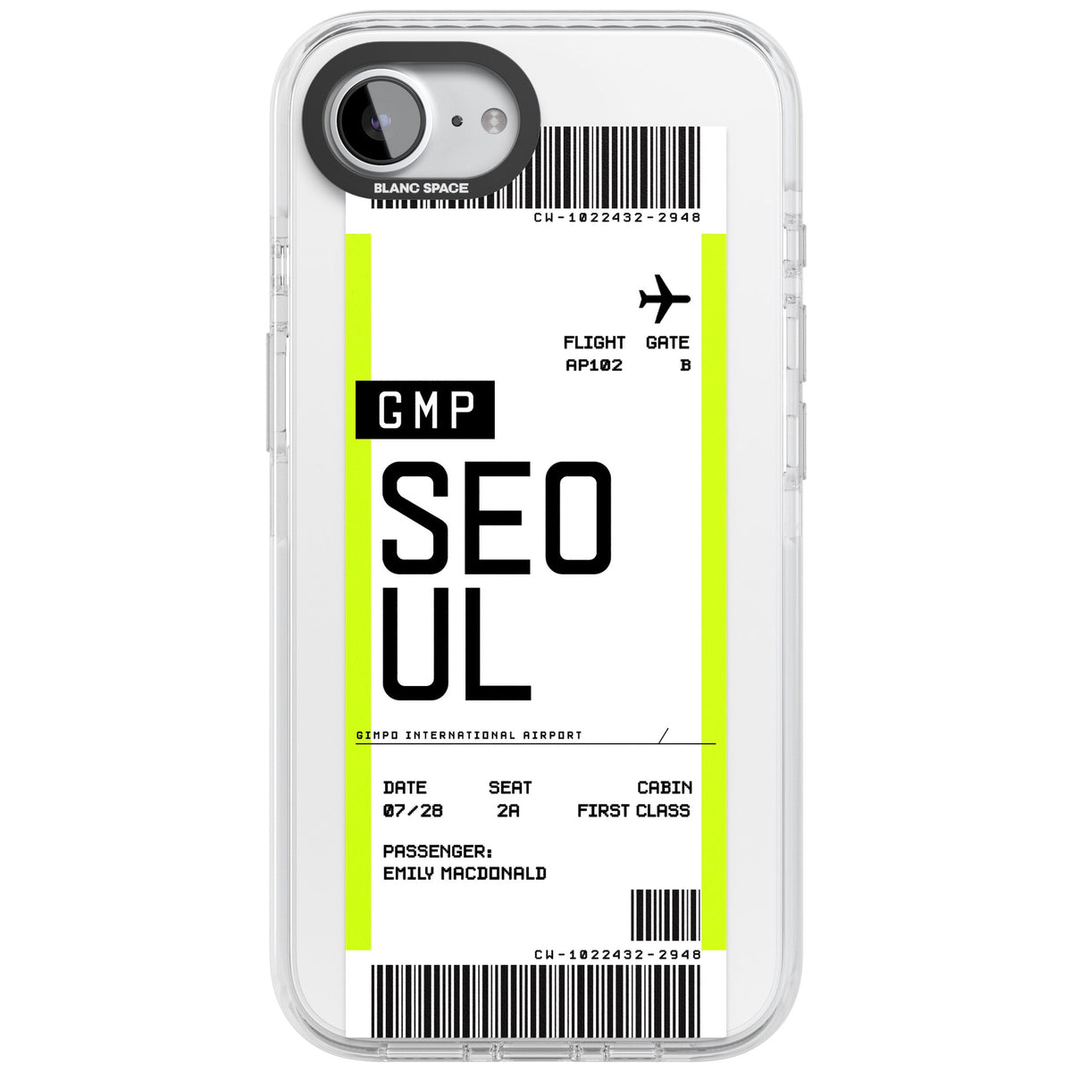 Personalised Seoul Boarding Pass iPhone 16e / iPhone 17e Impact Clear Phone Case front