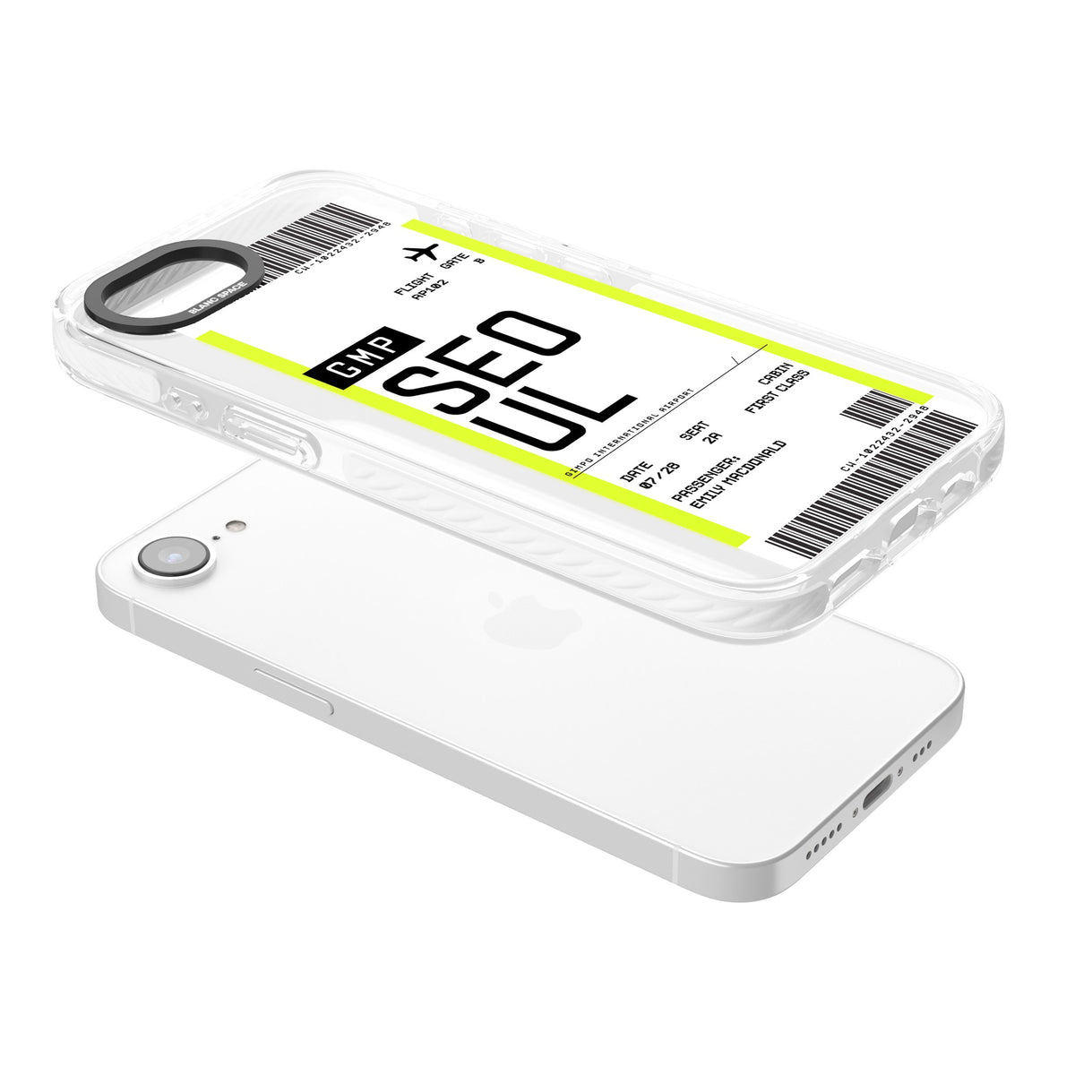 Personalised Seoul Boarding Pass iPhone 16e / iPhone 17e Impact Clear Phone Case angled