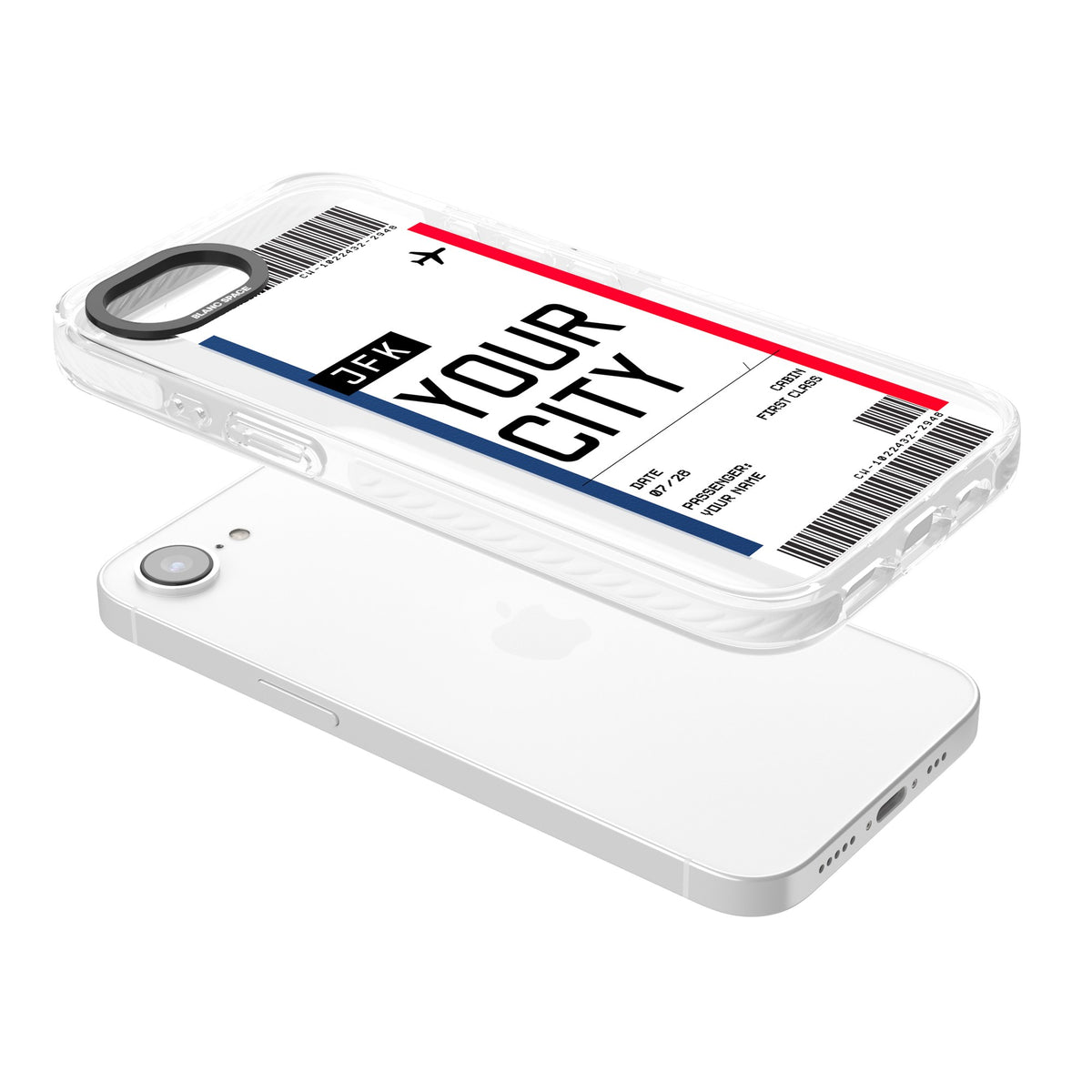 Personalised Create Your Own Boarding Pass Ticket iPhone 16e / iPhone 17e Impact Clear Phone Case angled