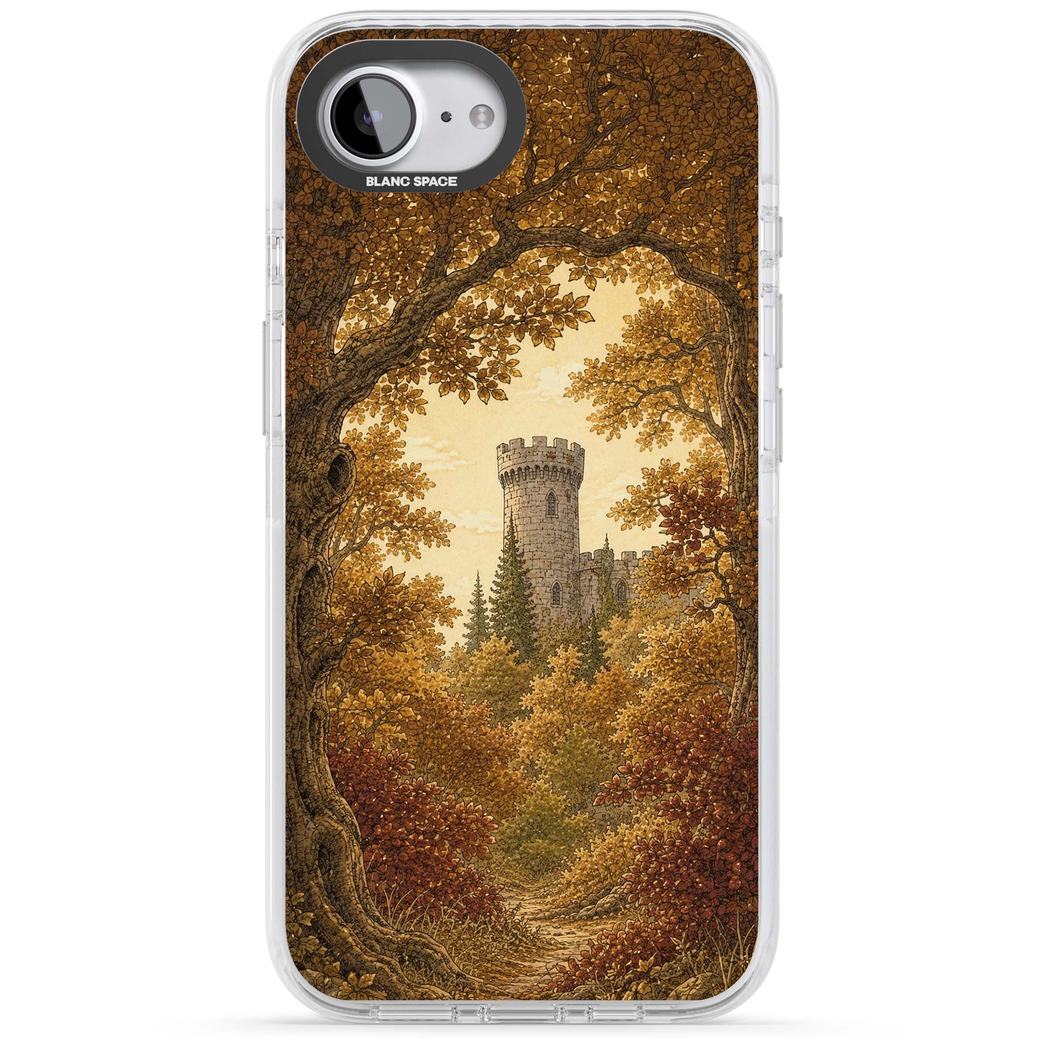 Autumn Keep cottagecore iPhone case featuring a medieval castle tower framed by golden autumn trees and woodland foliage | Clear Impact case for iPhone 16e, iPhone 17e