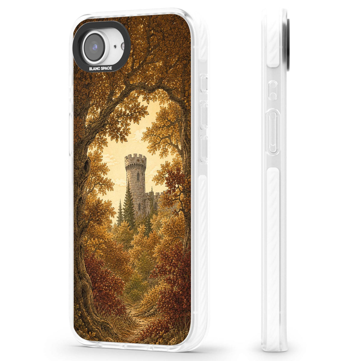 Autumn Keep cottagecore iPhone case featuring a medieval castle tower framed by golden autumn trees and woodland foliage | Clear Impact case for iPhone 16e, iPhone 17e