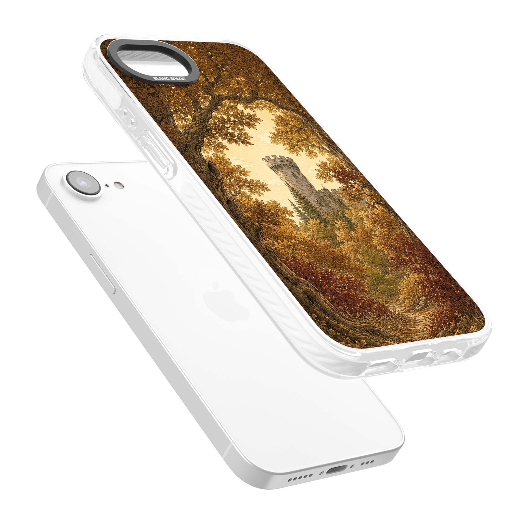 Autumn Keep cottagecore iPhone case featuring a medieval castle tower framed by golden autumn trees and woodland foliage | Clear Impact case for iPhone 16e, iPhone 17e