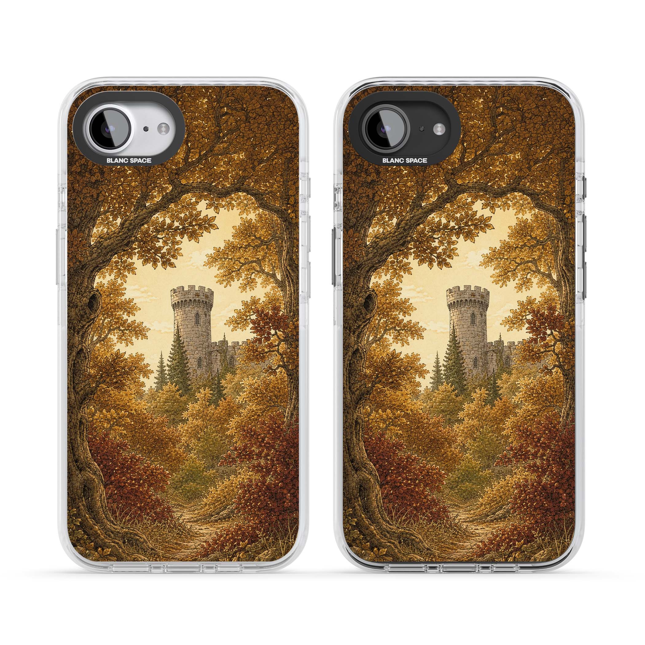 Autumn Keep cottagecore iPhone case featuring a medieval castle tower framed by golden autumn trees and woodland foliage | Clear Impact case for iPhone 16e, iPhone 17e