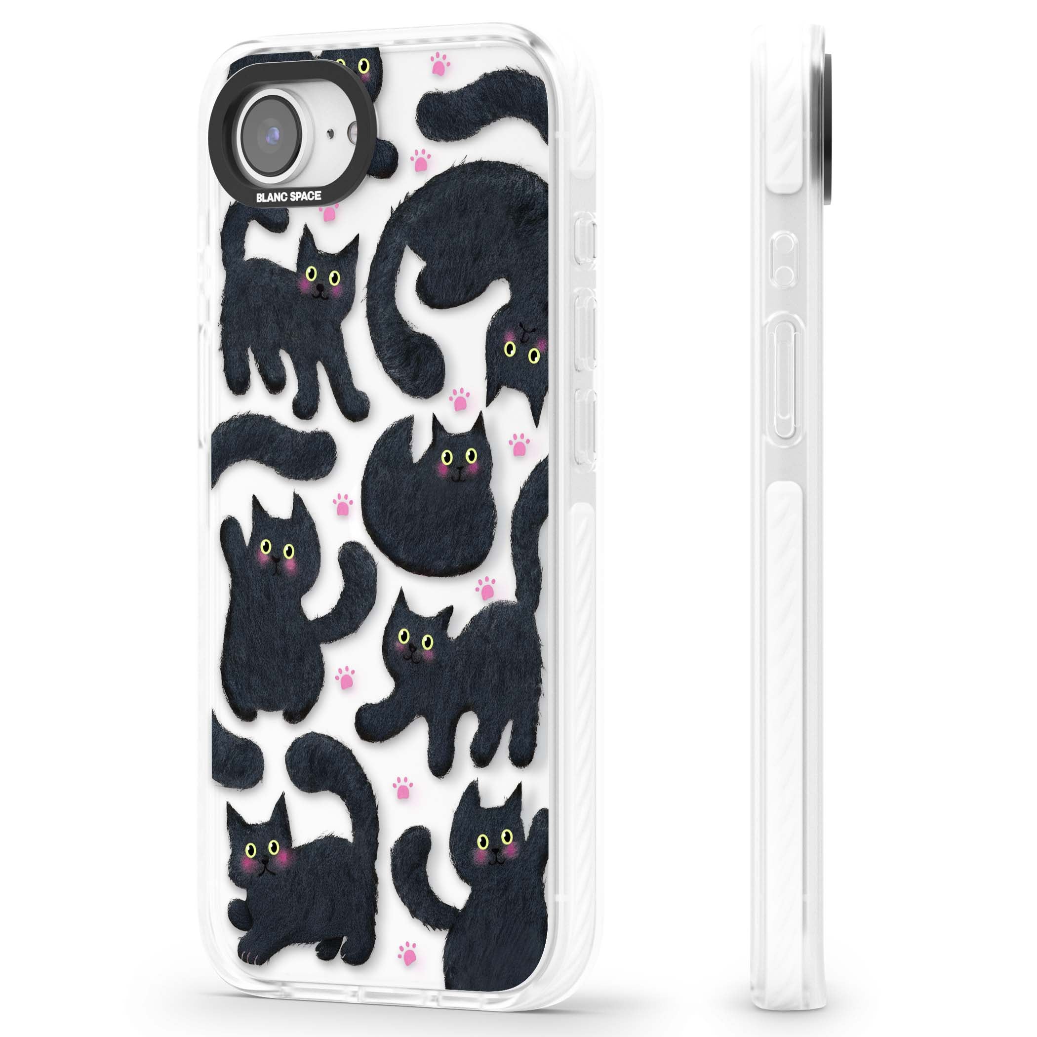 Midnight Cats cute iPhone case featuring black cat pattern with yellow eyes and pink paw prints | Clear Impact case for iPhone 16e, iPhone 17e