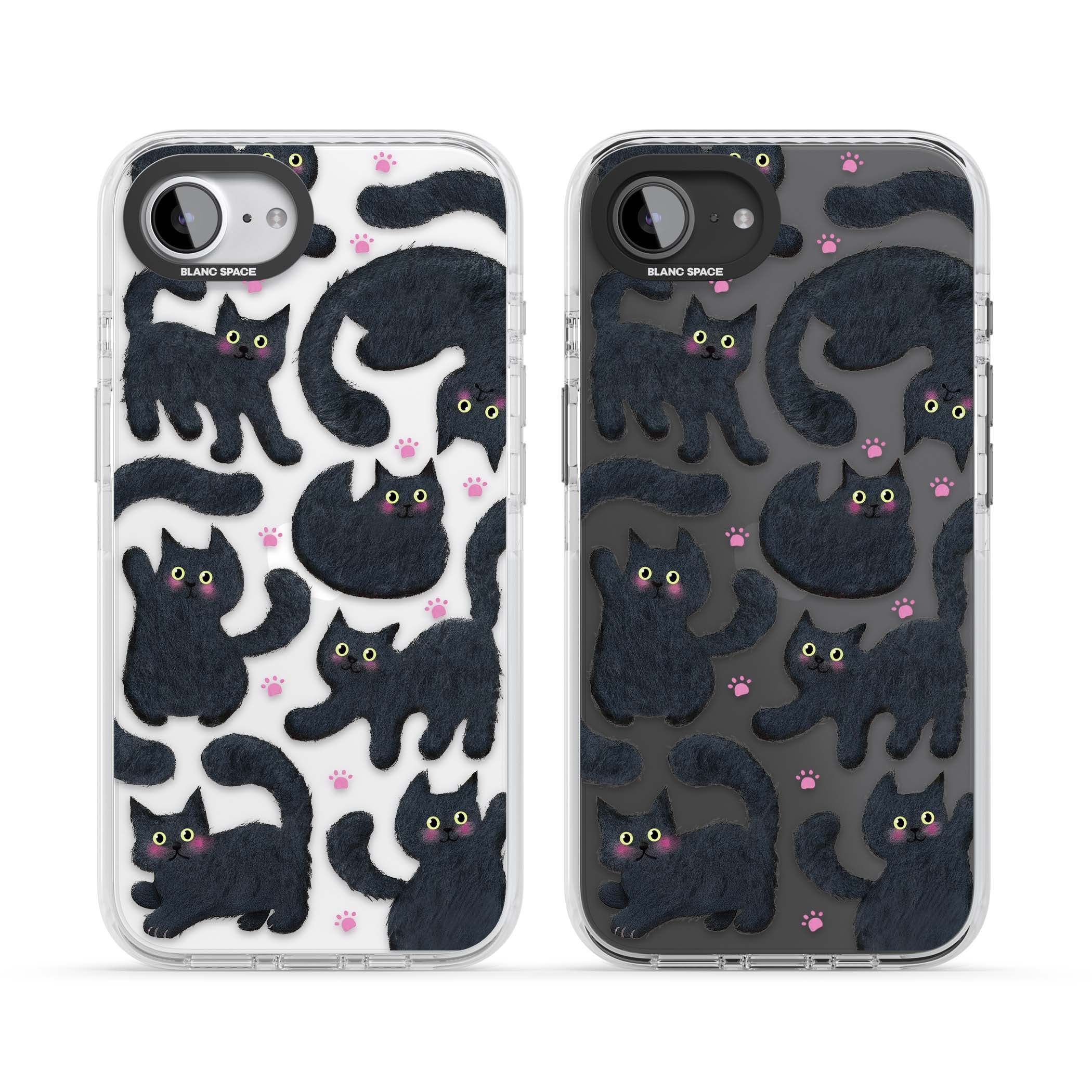 Midnight Cats cute iPhone case featuring black cat pattern with yellow eyes and pink paw prints | Clear Impact case for iPhone 16e, iPhone 17e