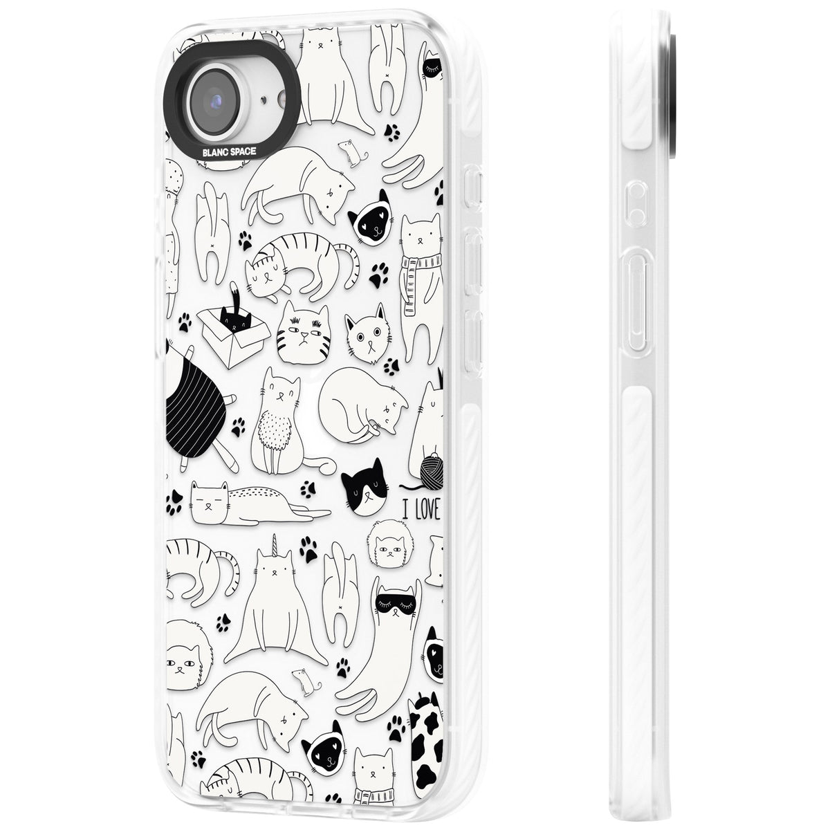 Cartoon Cats (Black & White) iPhone 16e / iPhone 17e Impact Clear Phone Case side