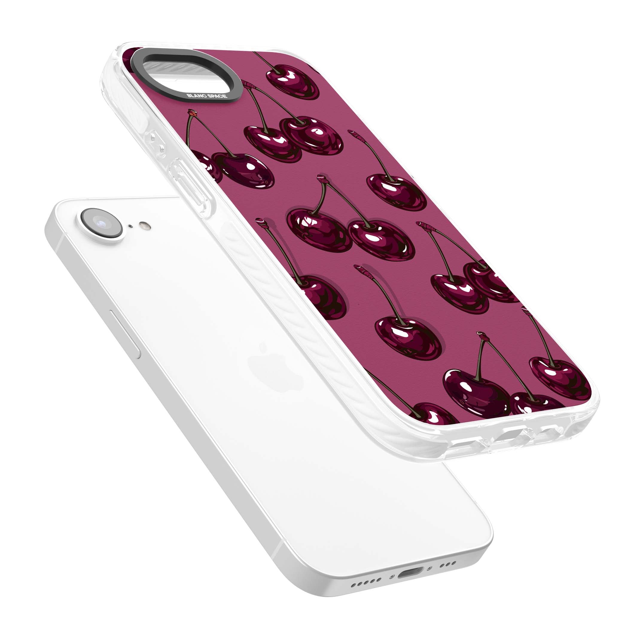 Cherry Soda coquette iPhone case featuring glossy burgundy cherries on a dusty pink background | Clear Impact case for iPhone 16e, iPhone 17e