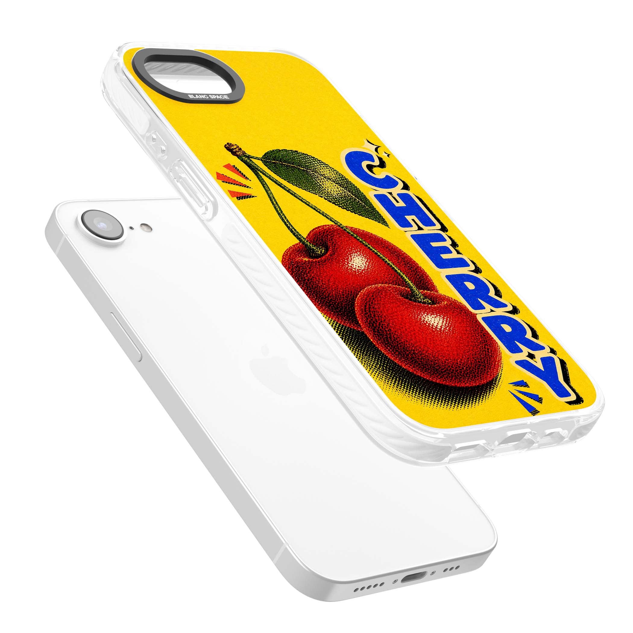 Cherry Yellow y2k iPhone case featuring two red cherries, halftone shading and bold blue CHERRY lettering on yellow | Clear Impact case for iPhone 16e, iPhone 17e