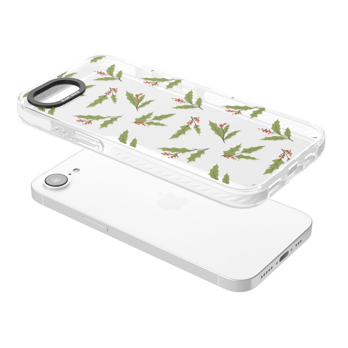 Christmas Holly Pattern iPhone 16e / iPhone 17e Impact Clear Phone Case angled