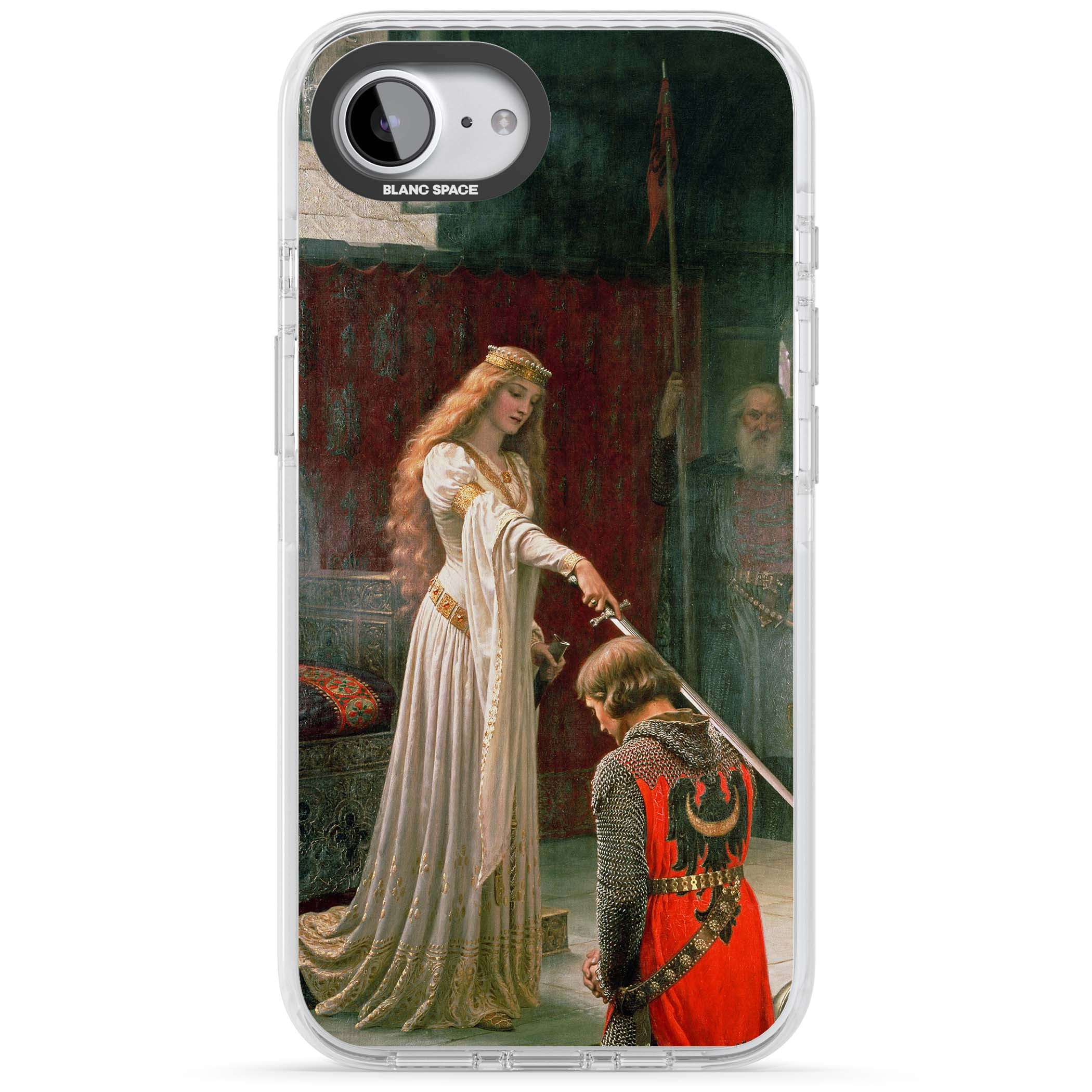 The Accolade renaissance art iPhone case featuring Edmund Blair Leighton's painting of a queen knighting a kneeling knight | Clear Impact case for iPhone 16e, iPhone 17e