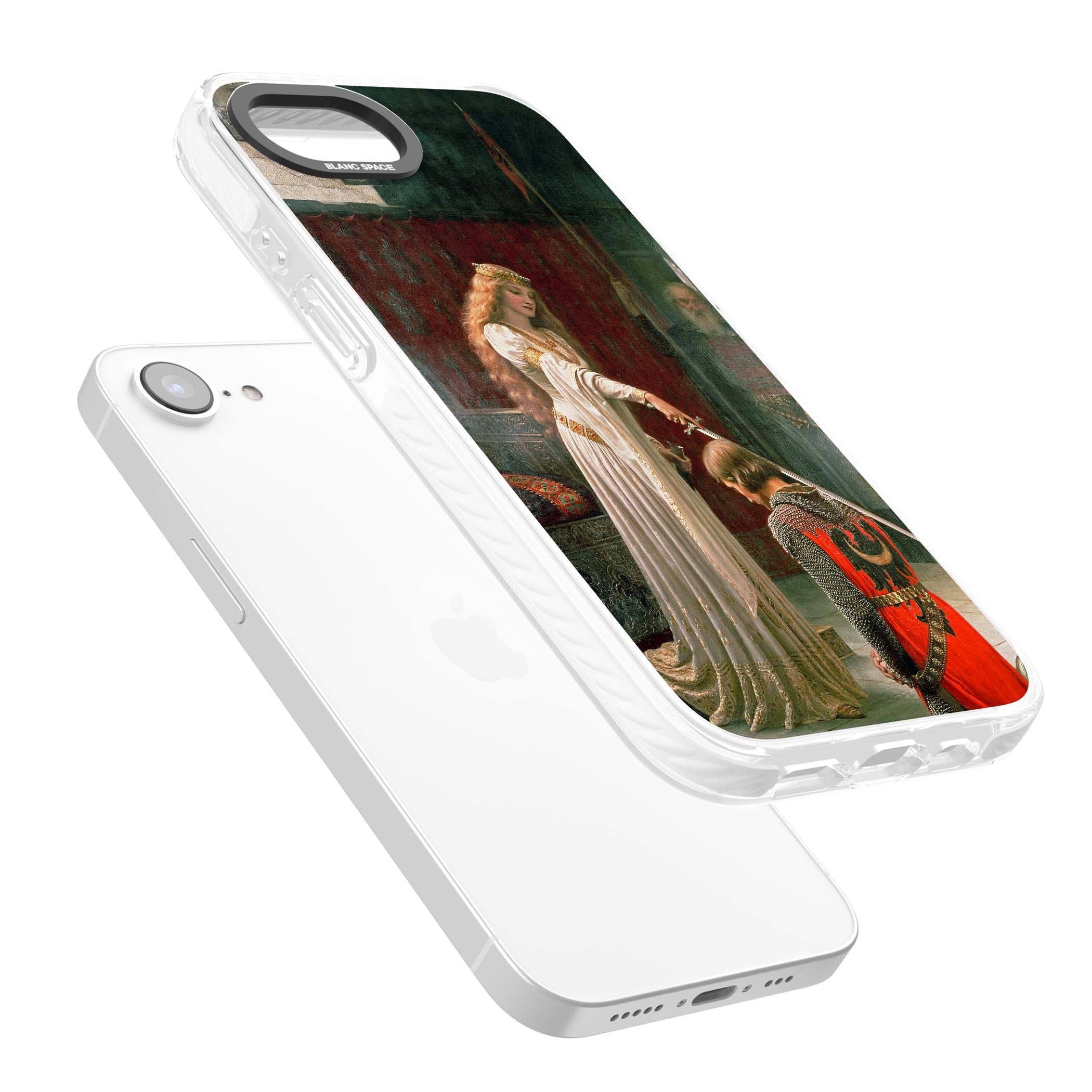 The Accolade renaissance art iPhone case featuring Edmund Blair Leighton's painting of a queen knighting a kneeling knight | Clear Impact case for iPhone 16e, iPhone 17e