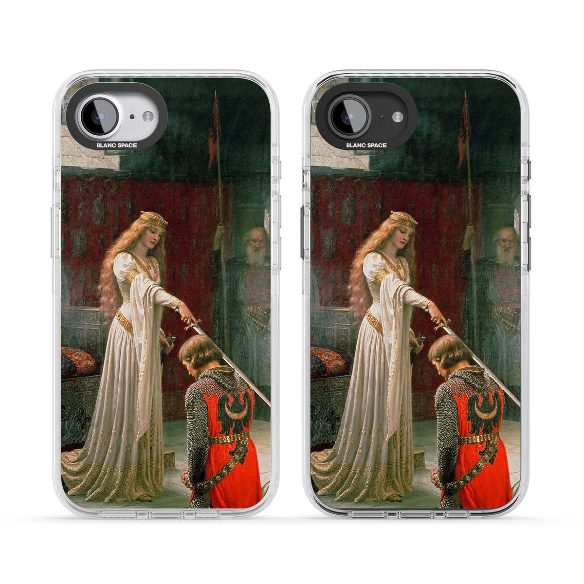 The Accolade renaissance art iPhone case featuring Edmund Blair Leighton's painting of a queen knighting a kneeling knight | Clear Impact case for iPhone 16e, iPhone 17e
