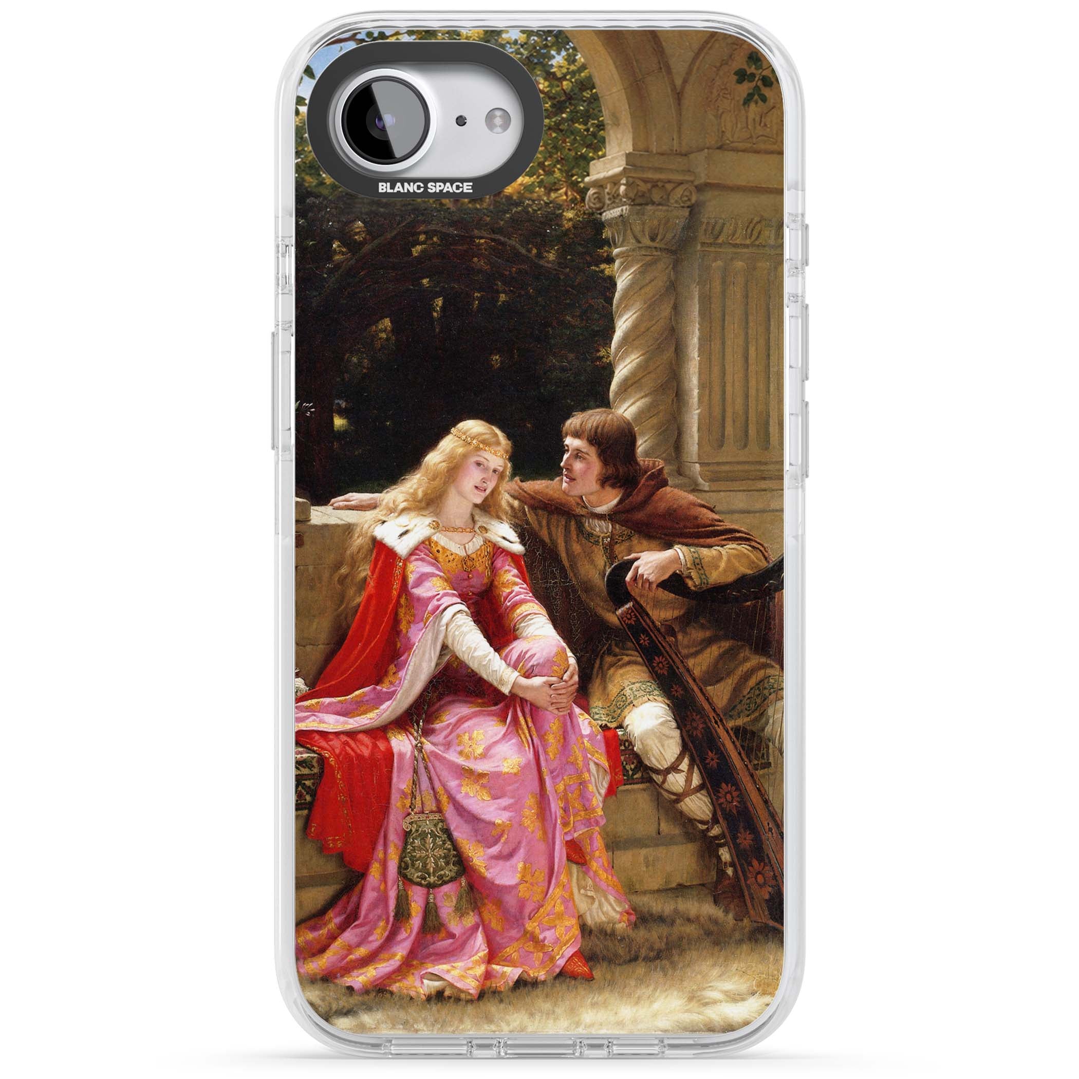 The End of the Song classic art iPhone case featuring a medieval lady in pink gown and her knight in a stone archway | Clear Impact case for iPhone 16e, iPhone 17e