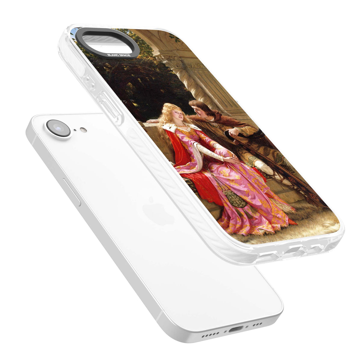The End of the Song classic art iPhone case featuring a medieval lady in pink gown and her knight in a stone archway | Clear Impact case for iPhone 16e, iPhone 17e