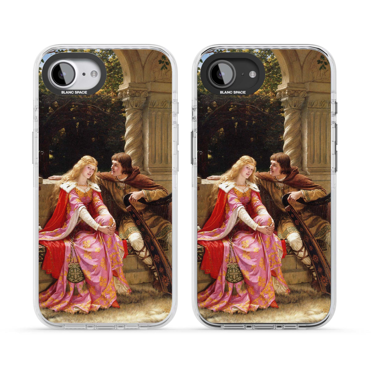The End of the Song classic art iPhone case featuring a medieval lady in pink gown and her knight in a stone archway | Clear Impact case for iPhone 16e, iPhone 17e