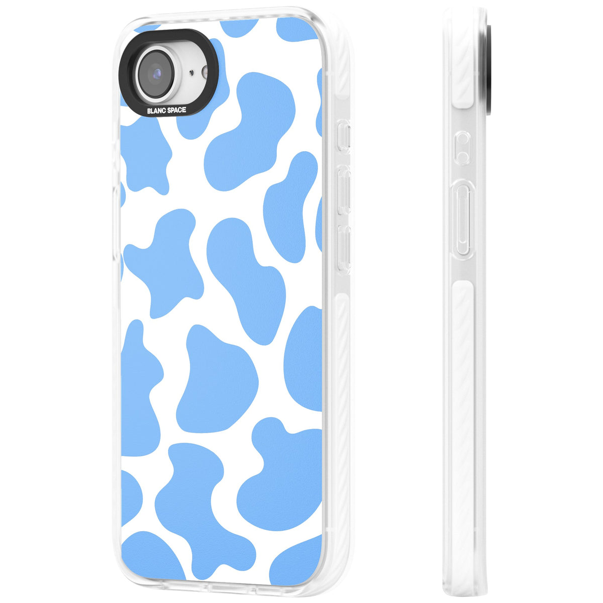 Blue And White Cow Print iPhone 16e / iPhone 17e Impact Clear Phone Case side