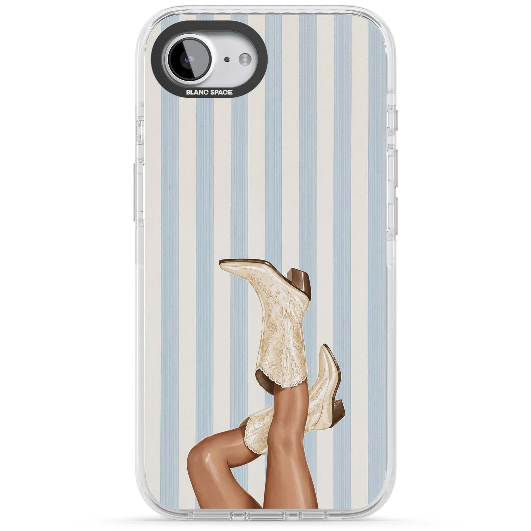 Cowgirl Boots coastal cowgirl iPhone case featuring embroidered western boots, tanned legs and a blue stripe backdrop | Clear Impact case for iPhone 16e, iPhone 17e