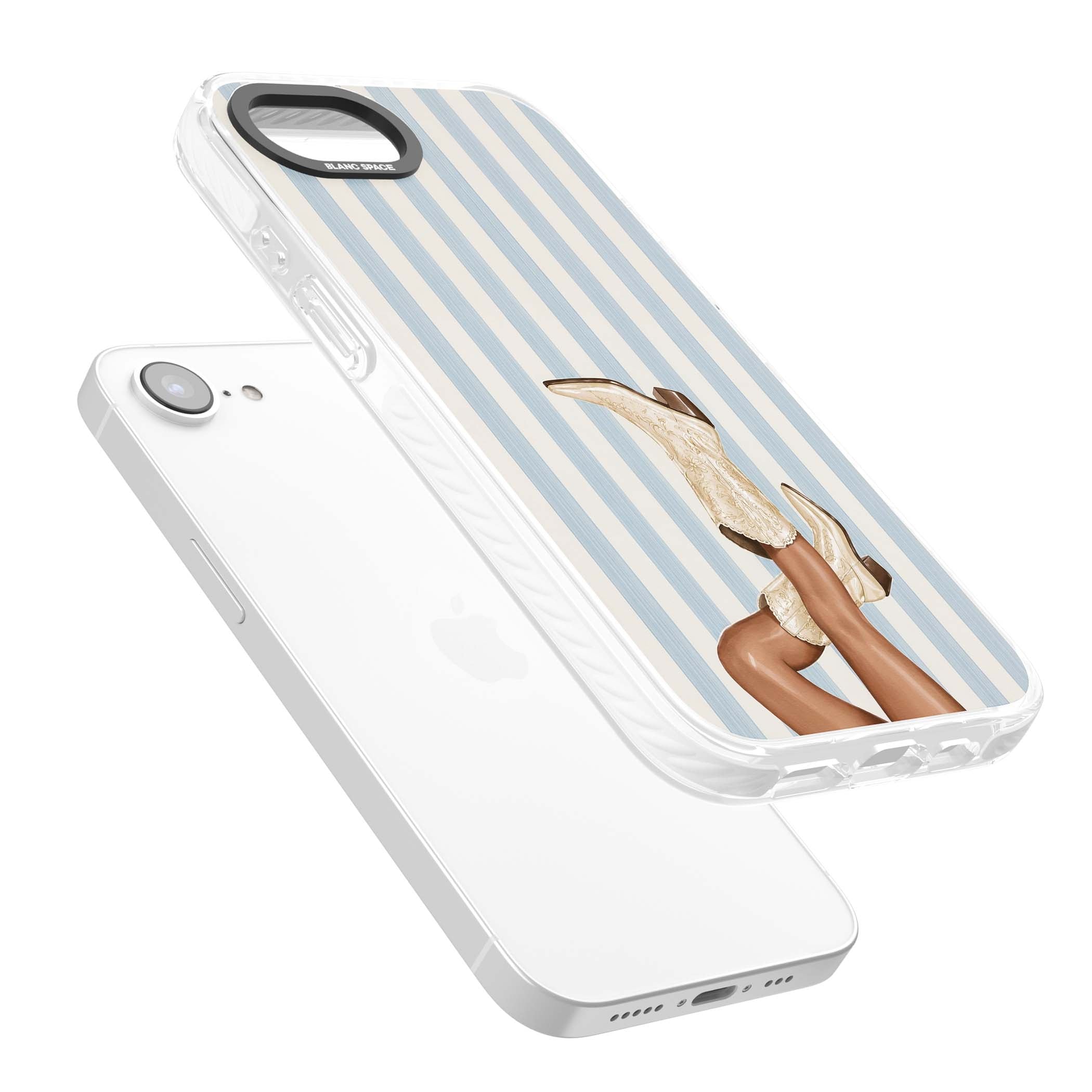 Cowgirl Boots coastal cowgirl iPhone case featuring embroidered western boots, tanned legs and a blue stripe backdrop | Clear Impact case for iPhone 16e, iPhone 17e