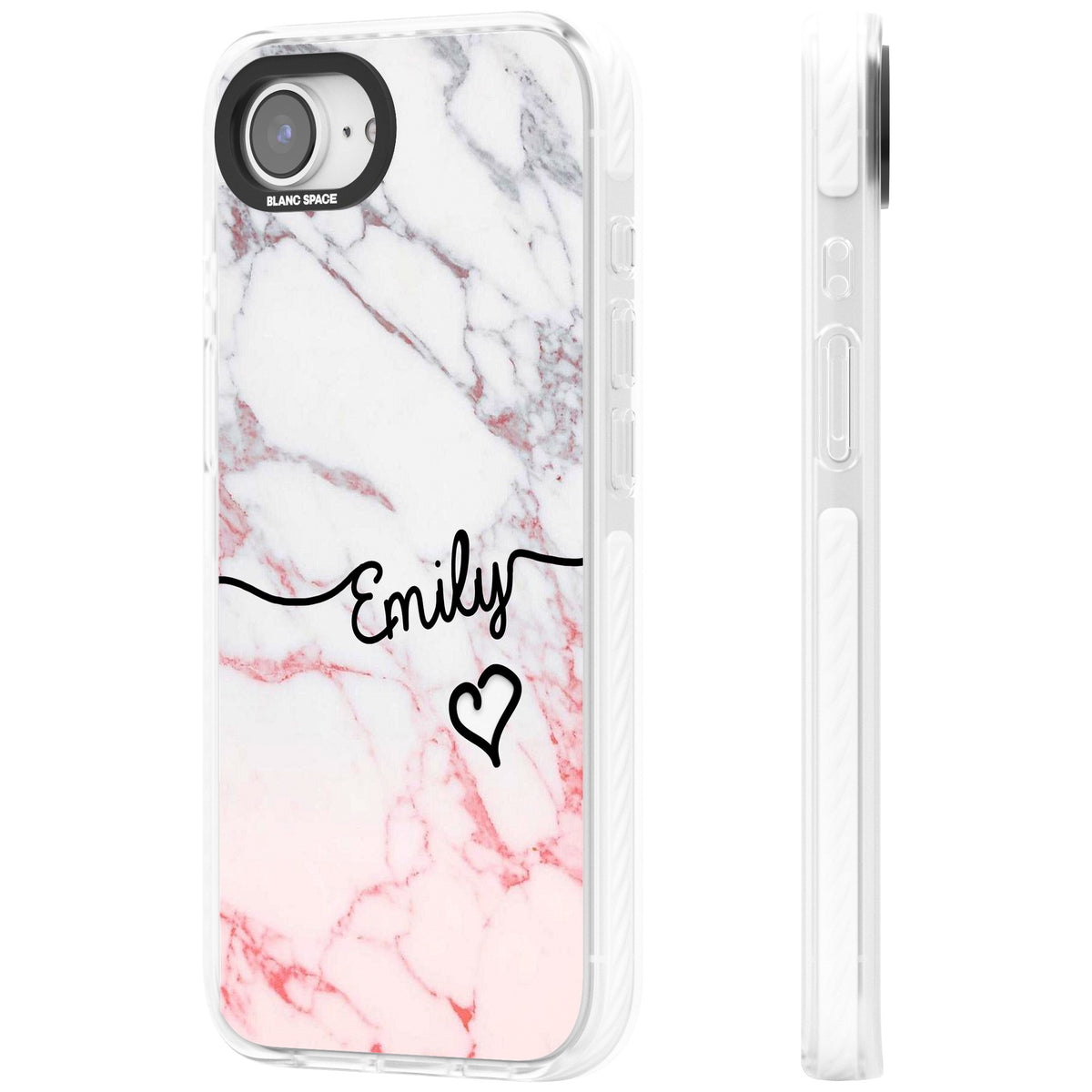 Personalised Pink Fade Marble Heart iPhone 16e / iPhone 17e Impact Clear Phone Case side