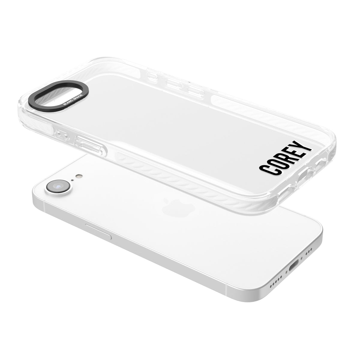 Personalised Name (Bottom) iPhone 16e / iPhone 17e Impact Clear Phone Case angled