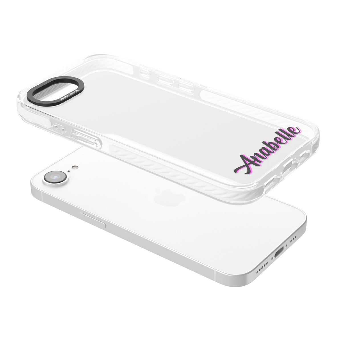 Personalised Cute Bottom Name iPhone 16e / iPhone 17e Impact Clear Phone Case angled