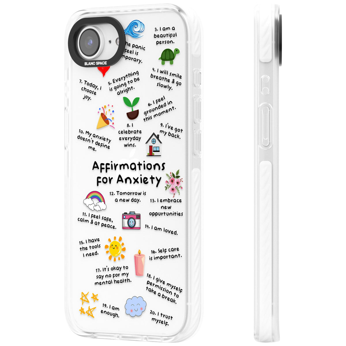 Anxiety Reminders (Black) iPhone 16e / iPhone 17e Impact Clear Phone Case side