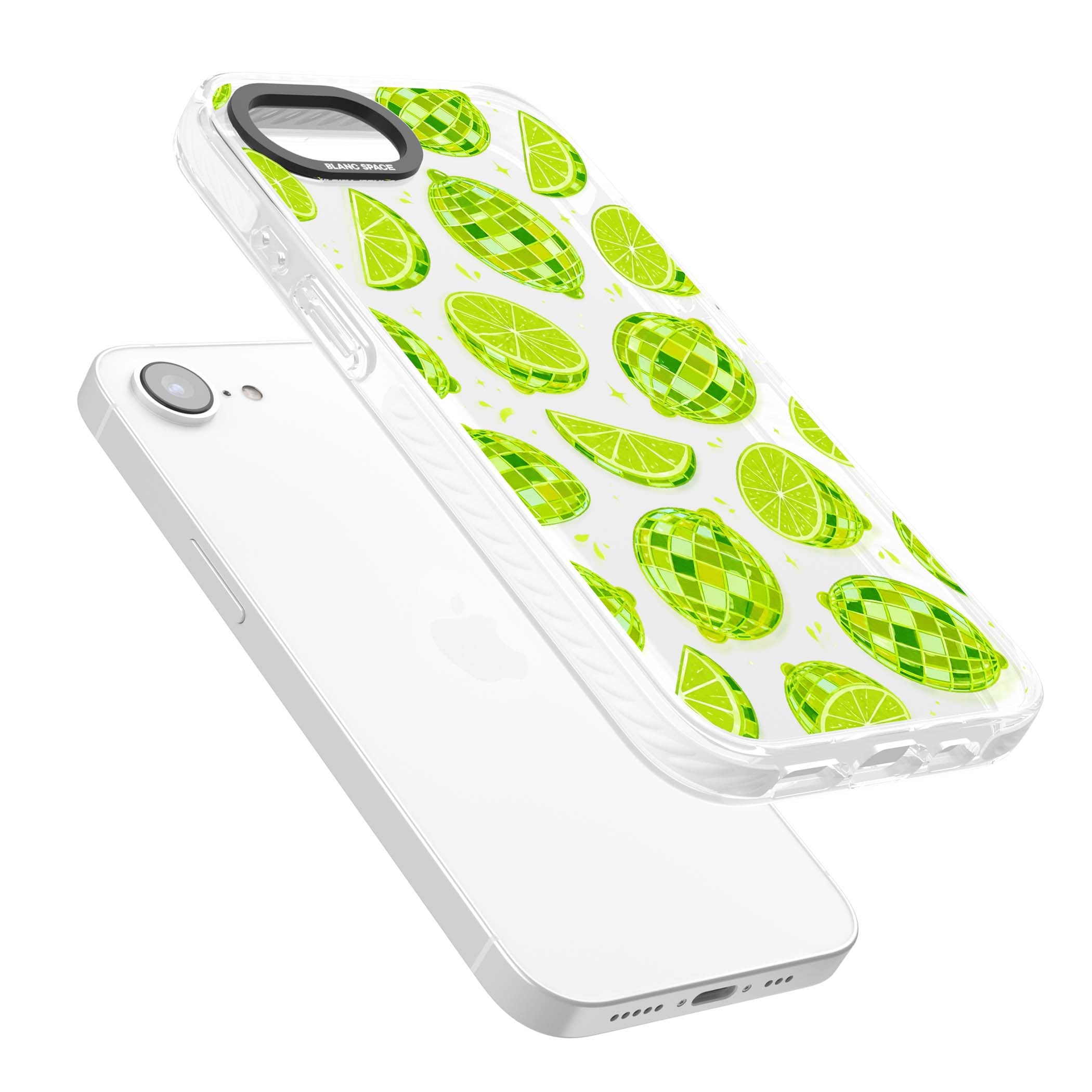 Disco Limes fruit aesthetic iPhone case featuring green disco balls, lime slices and citrus sparkles | Clear Impact case for iPhone 16e, iPhone 17e