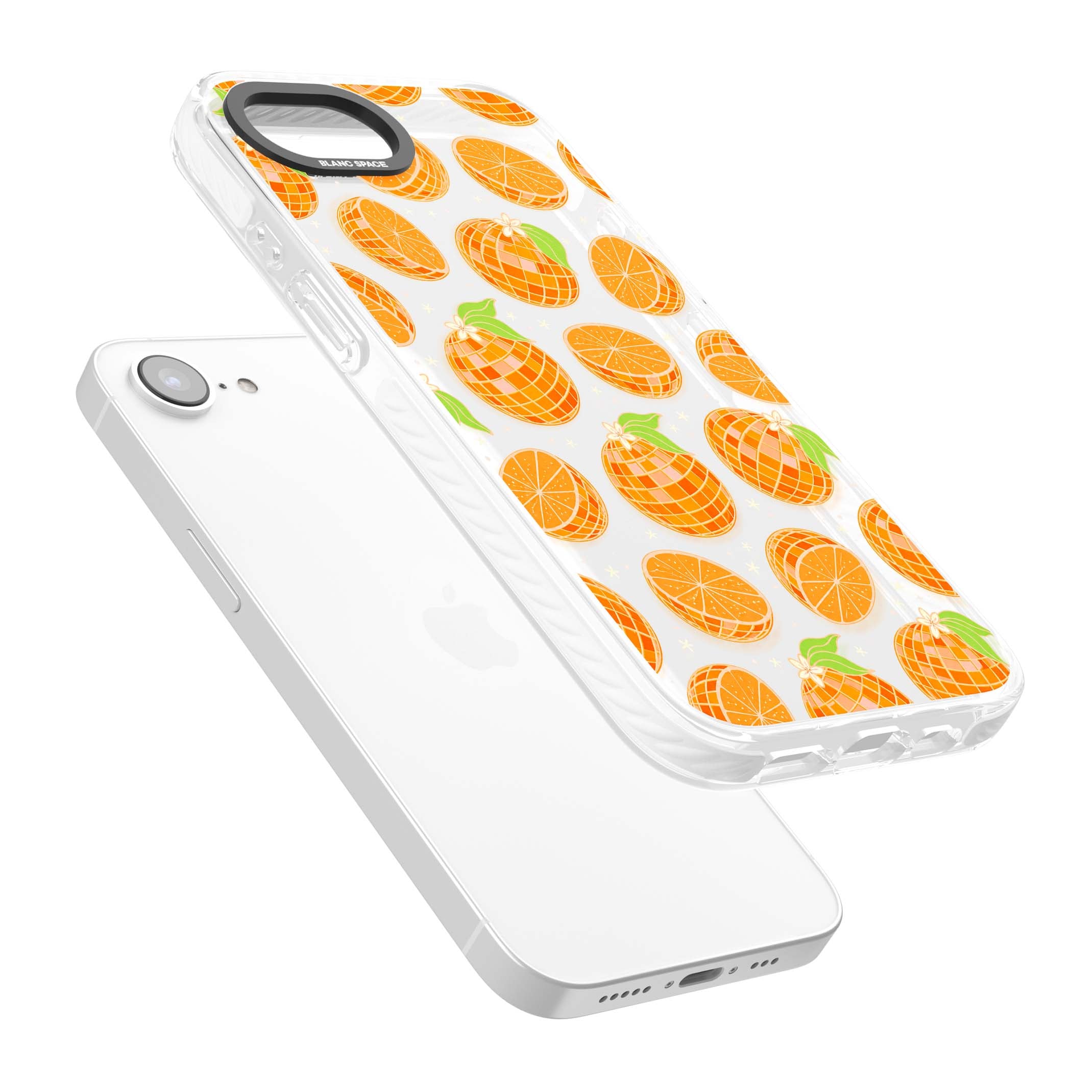 Disco Oranges retro iPhone case featuring mirrorball oranges, citrus slices and tiny blossoms on clear | Clear Impact case for iPhone 16e, iPhone 17e