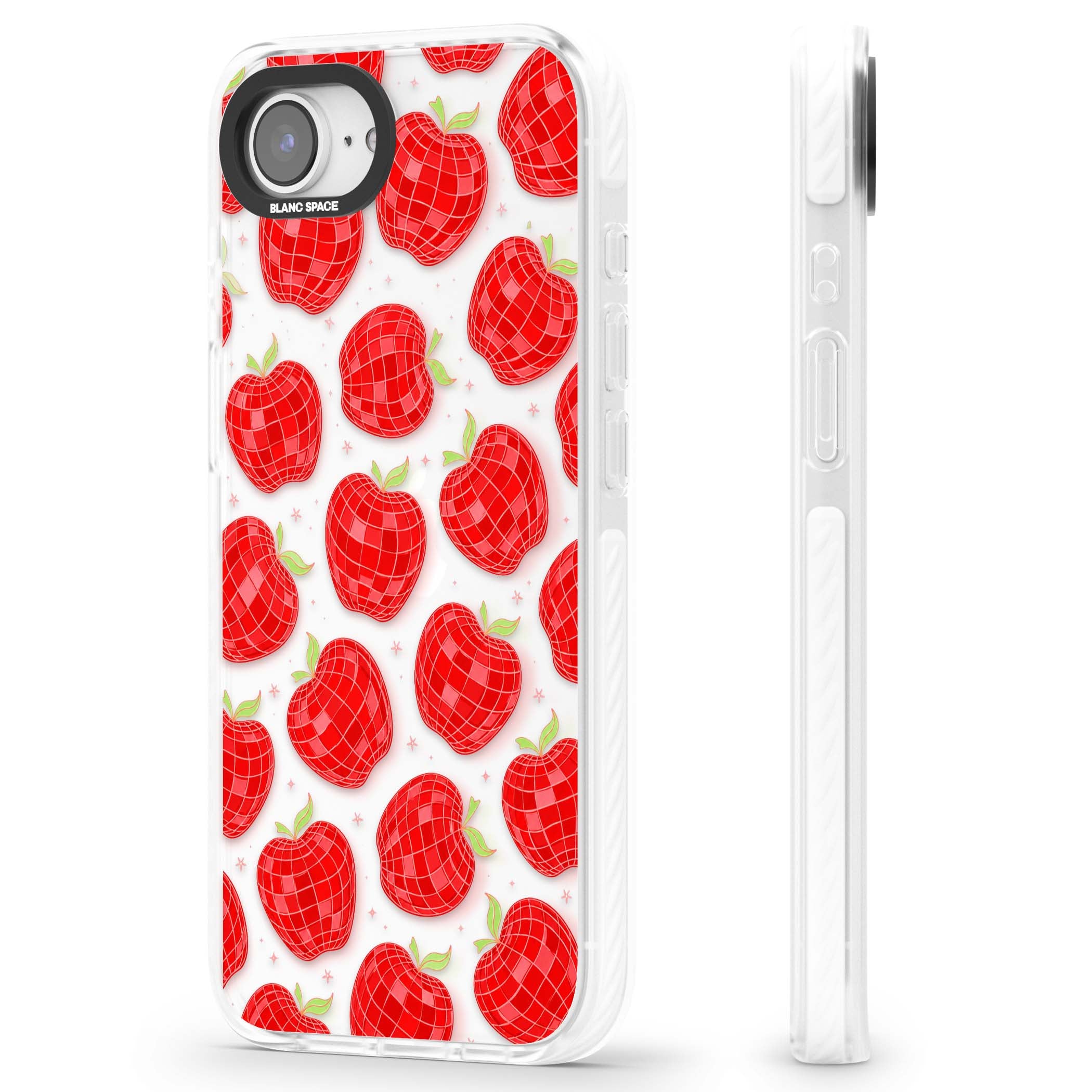 Disco Apples Y2K iPhone case featuring red disco ball apples, green leaves and pink sparkles on clear | Clear Impact case for iPhone 16e, iPhone 17e